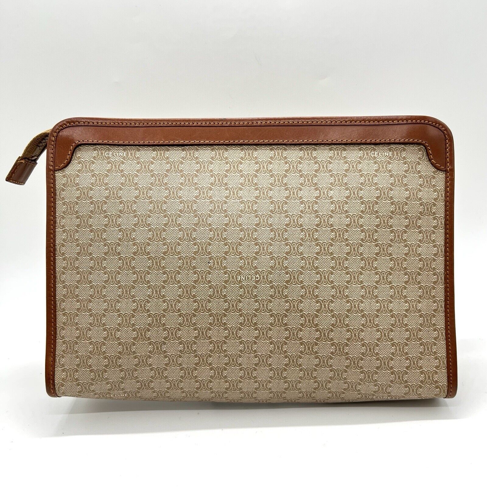 CELINE Vintage Clutch Bag Macadam Brown Purse PVC Leather