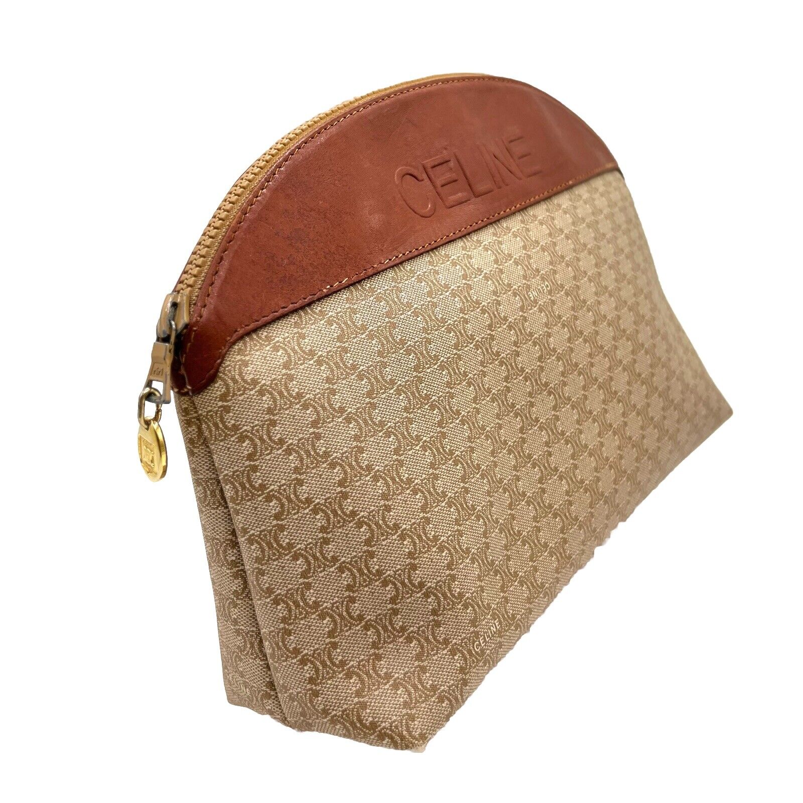 Celine Clutch Hand Bag Pouch Macadam PVC Leather Beige Brown