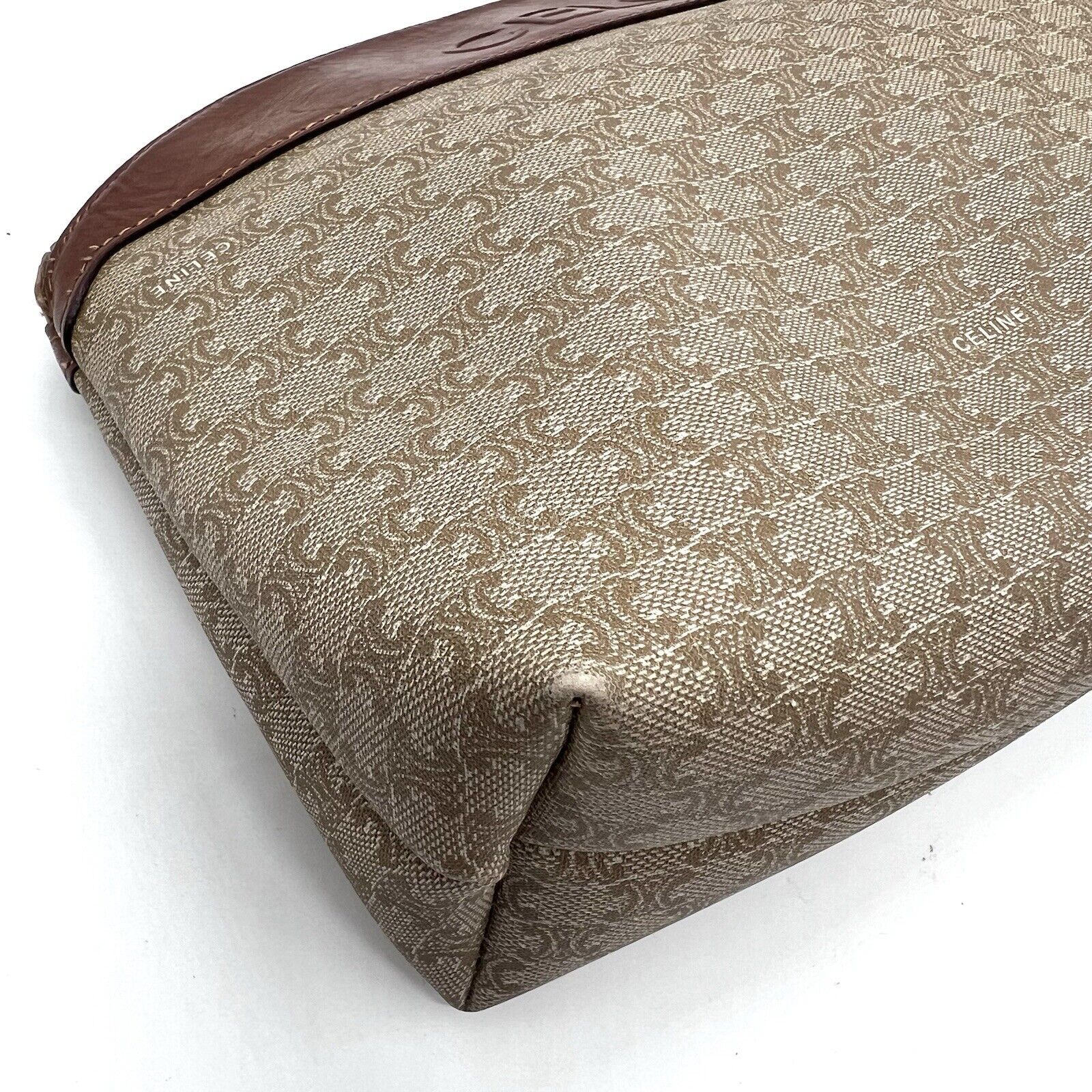 Celine Clutch Hand Bag Pouch Macadam PVC Leather Beige Brown
