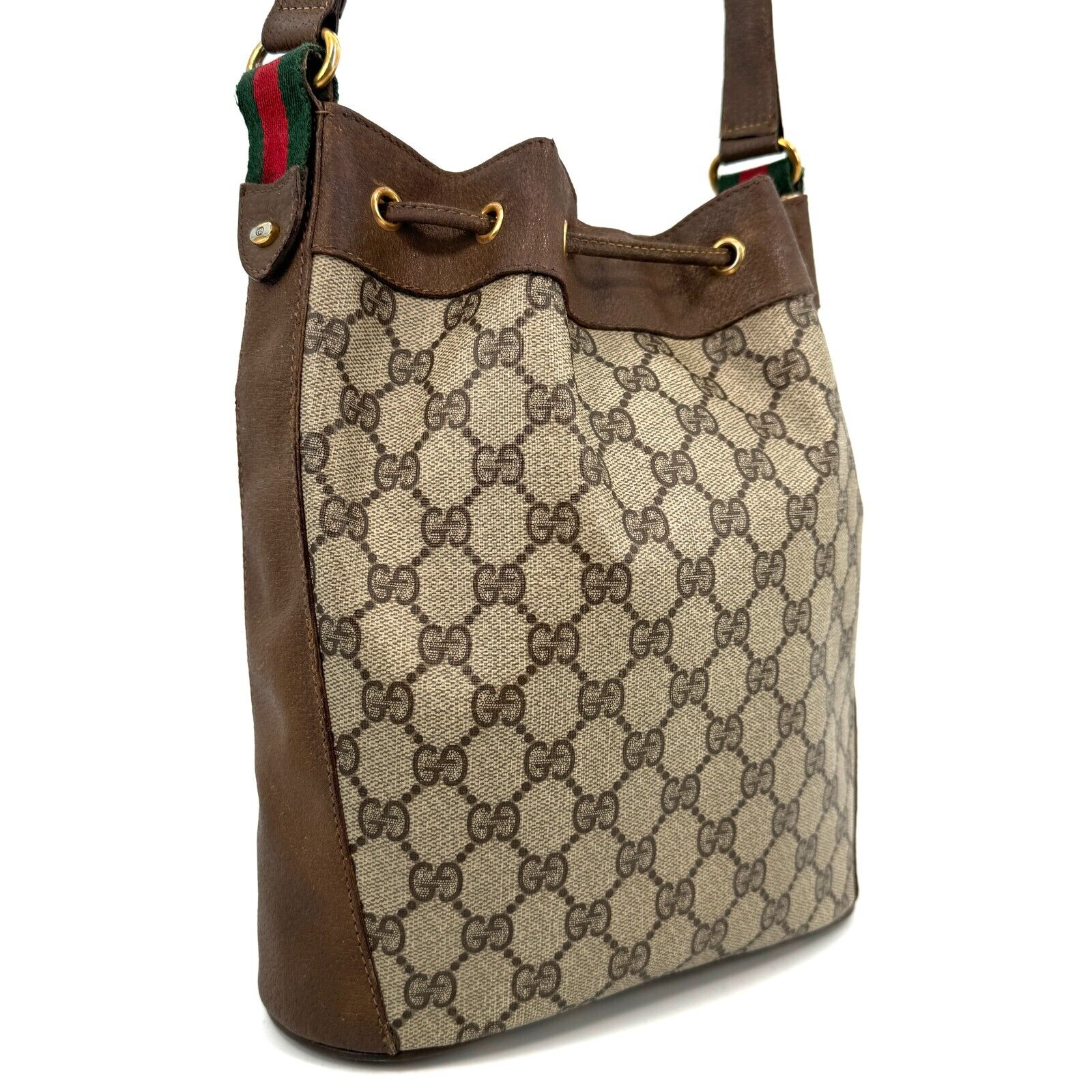 Gucci Vintage GG Sherry Line PVC Leather Drawstring Bucket Shoulder Bag