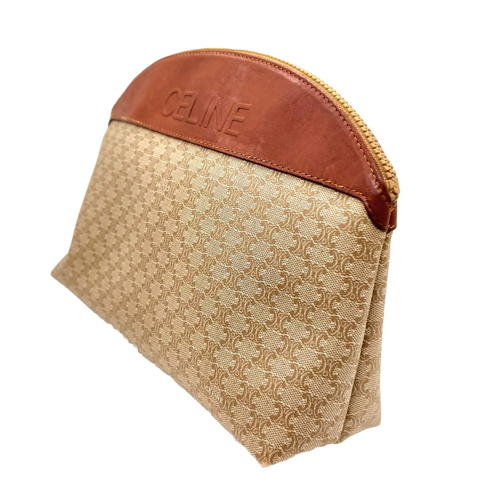 Celine Clutch Hand Bag Pouch Macadam PVC Leather Beige Brown
