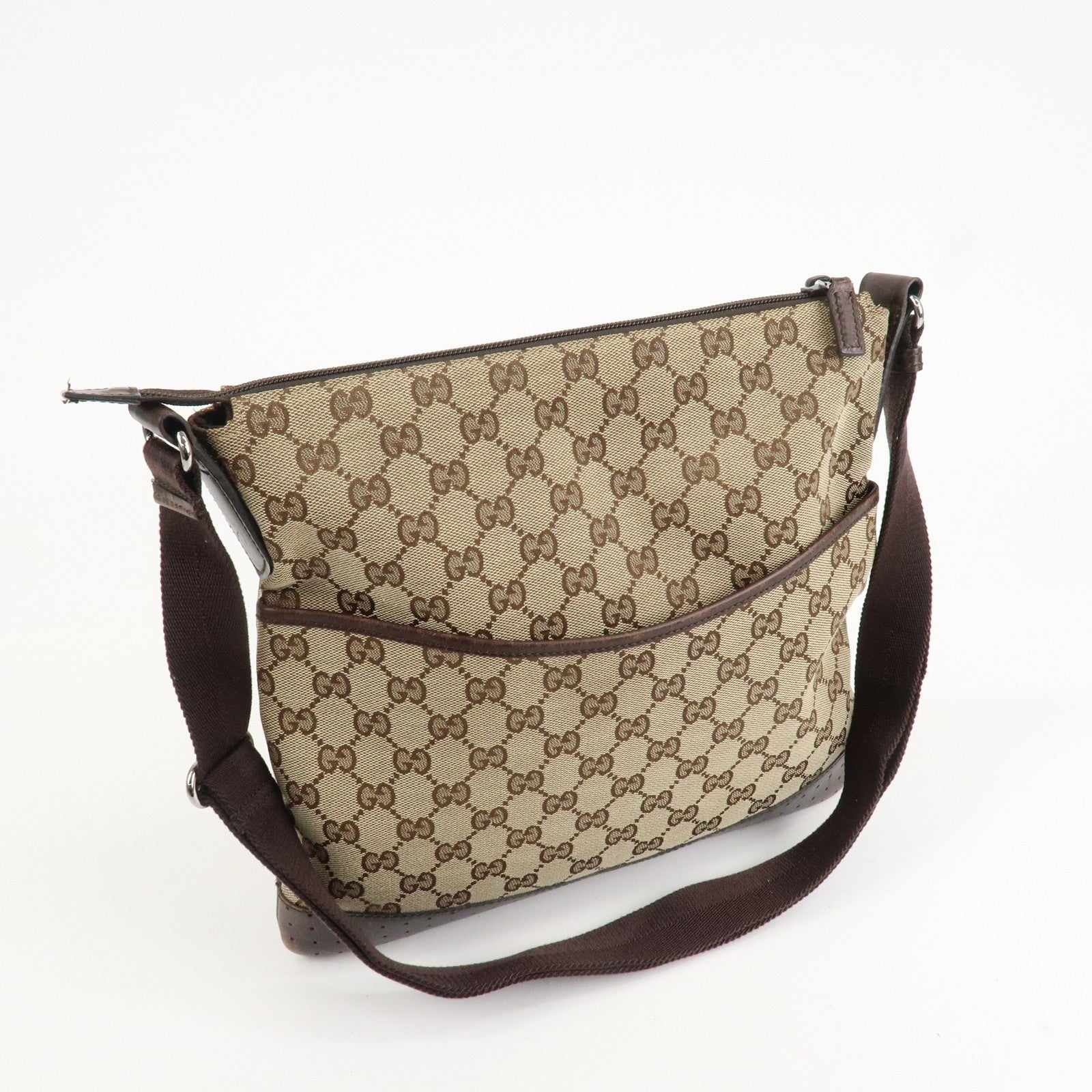 Gucci GG Canvas Leather Shoulder Bag Crossbody Brown