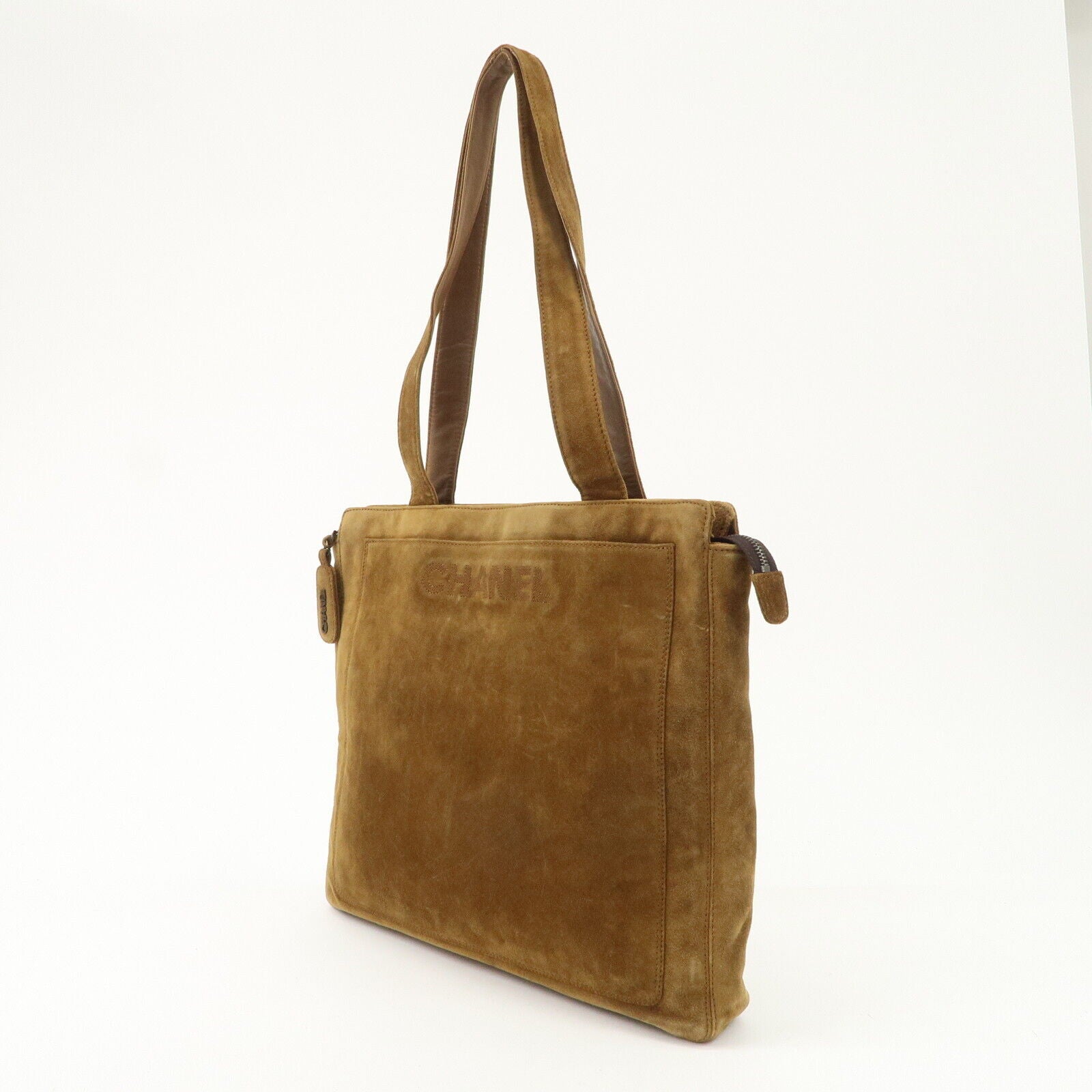Chanel Logo Suede Tote Shoulder Bag - Brown
