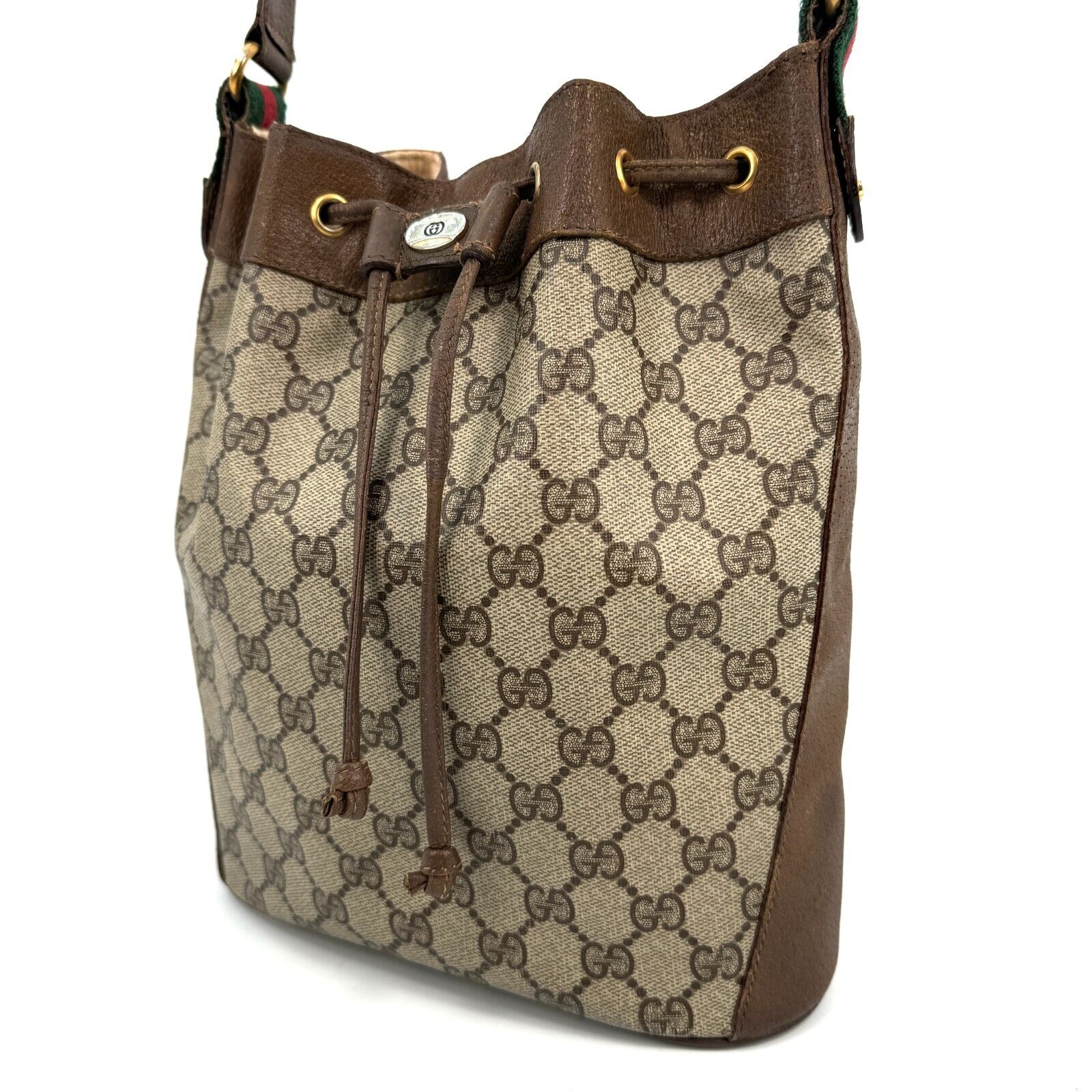 Gucci Vintage GG Sherry Line PVC Leather Drawstring Bucket Shoulder Bag