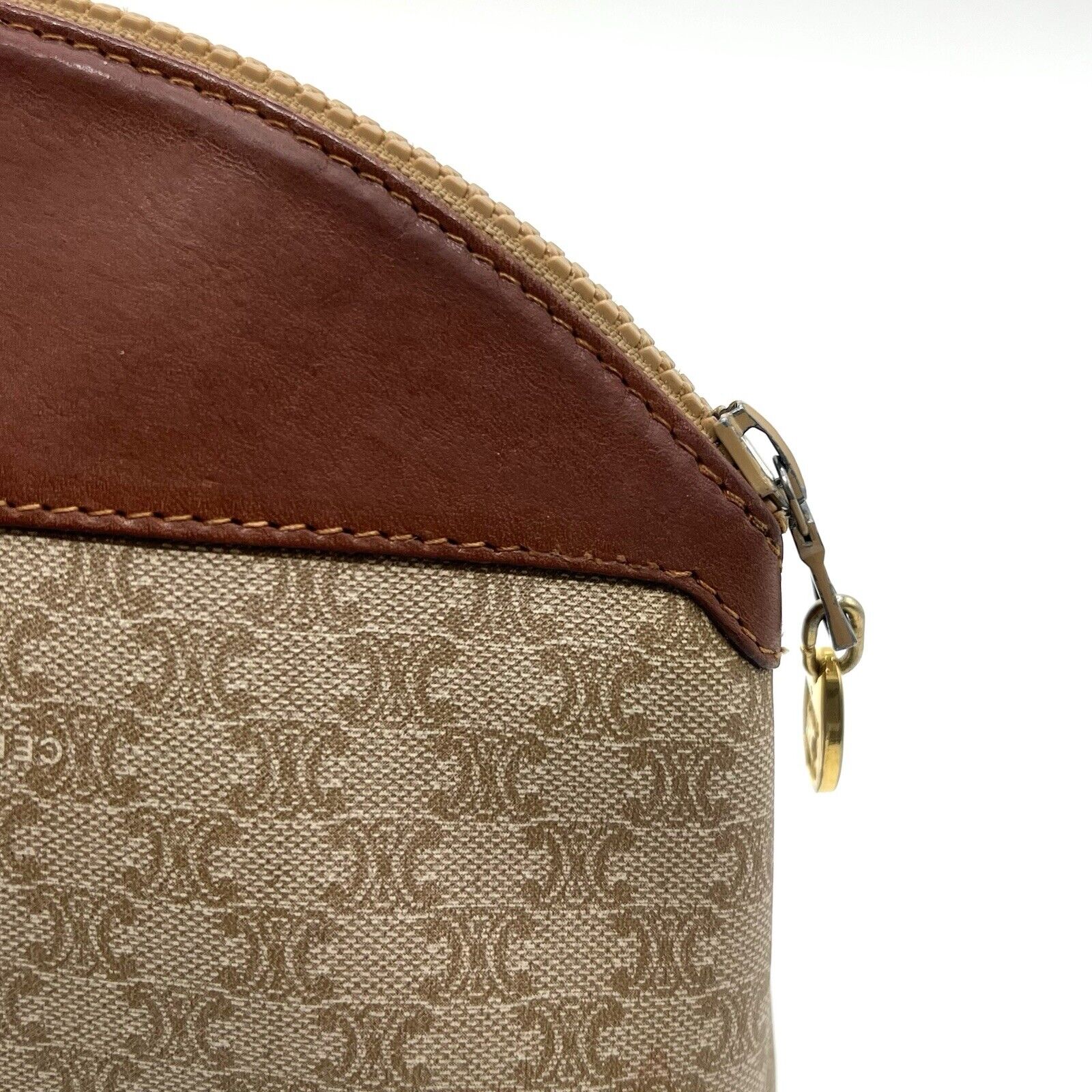 Celine Clutch Hand Bag Pouch Macadam PVC Leather Beige Brown