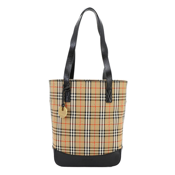 Burberry Plaid Tote Bag - Brown, Black, Canvas, Leather