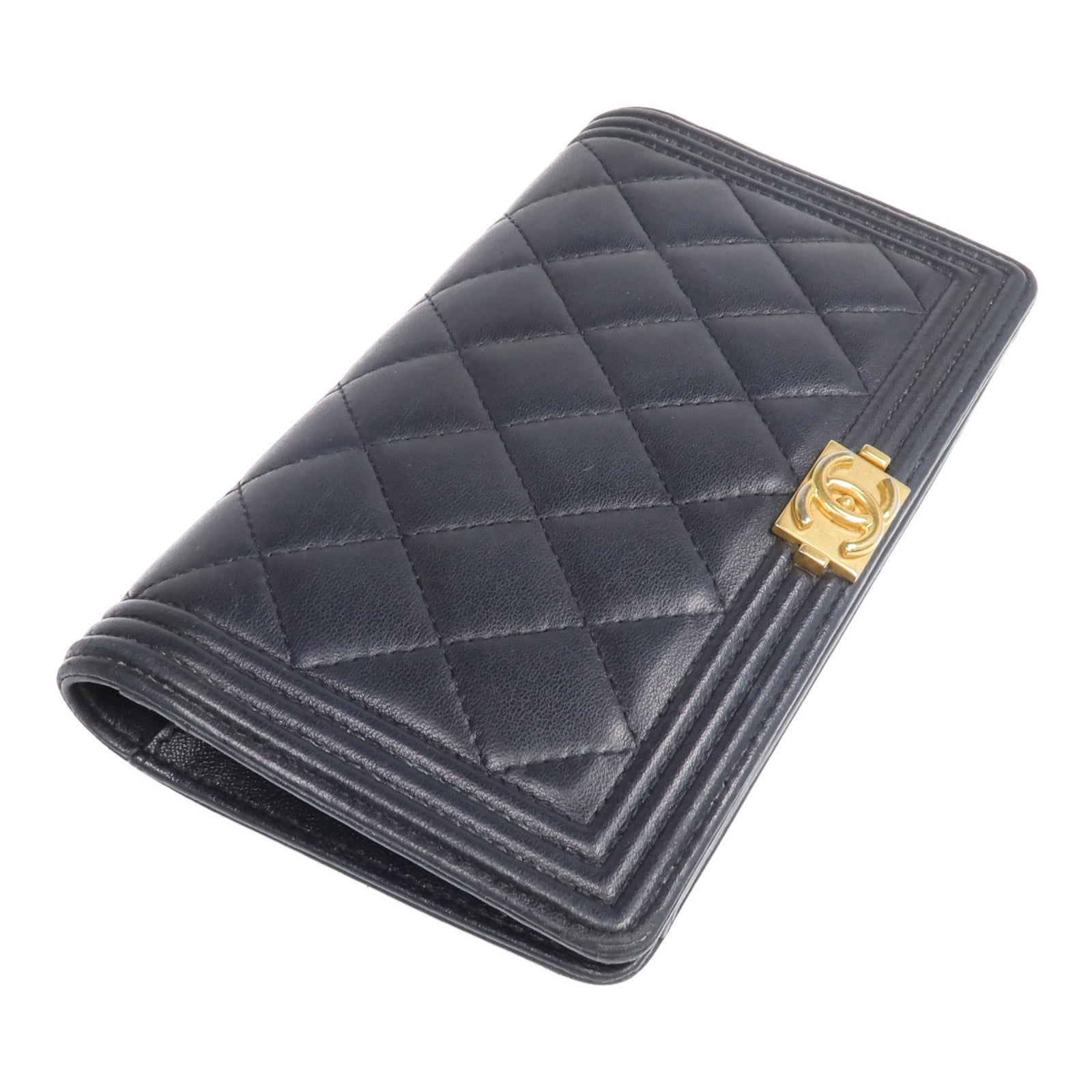 CHANEL CC GHW Boy Long Wallet - Black, Lambskin Leather