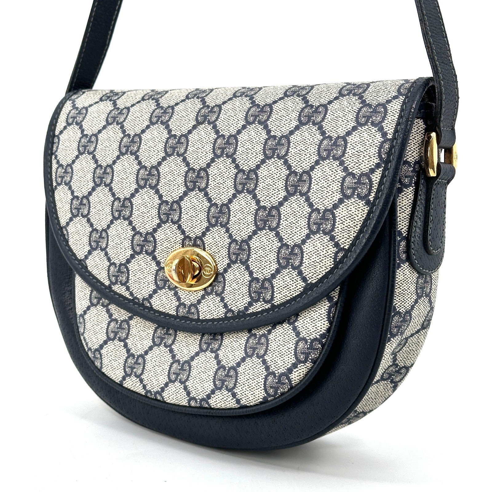 Gucci GG Pattern Turnlock Shoulder Bag - Navy Blue, PVC Leather