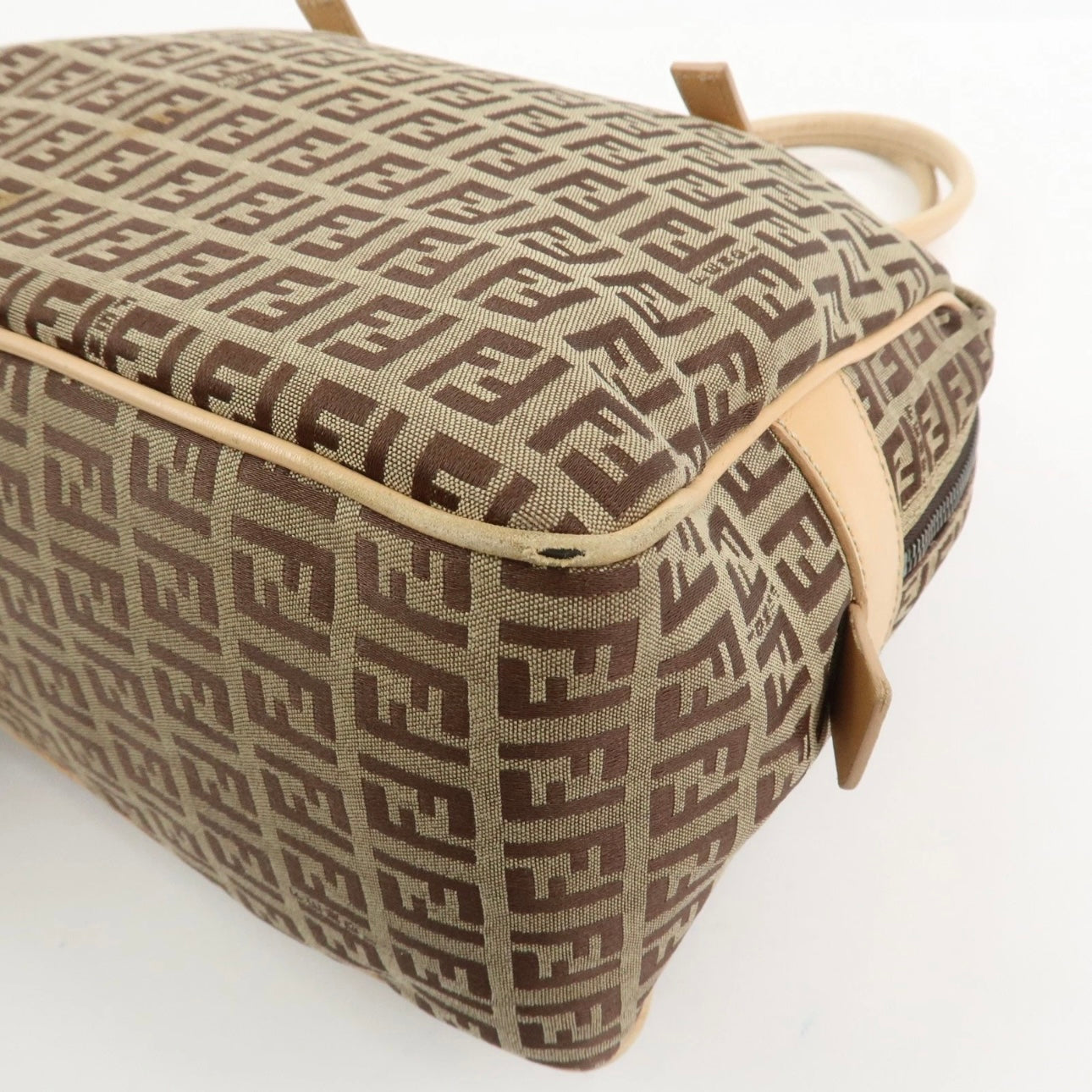 FENDI Zucchino Canvas Leather Shoulder Bag Beige