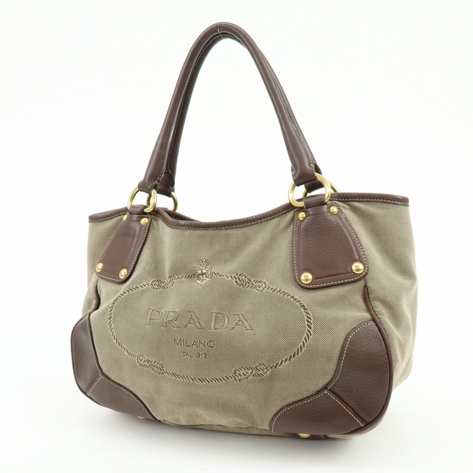 Prada Logo Jacquard Tote Bag - Beige Brown, Leather