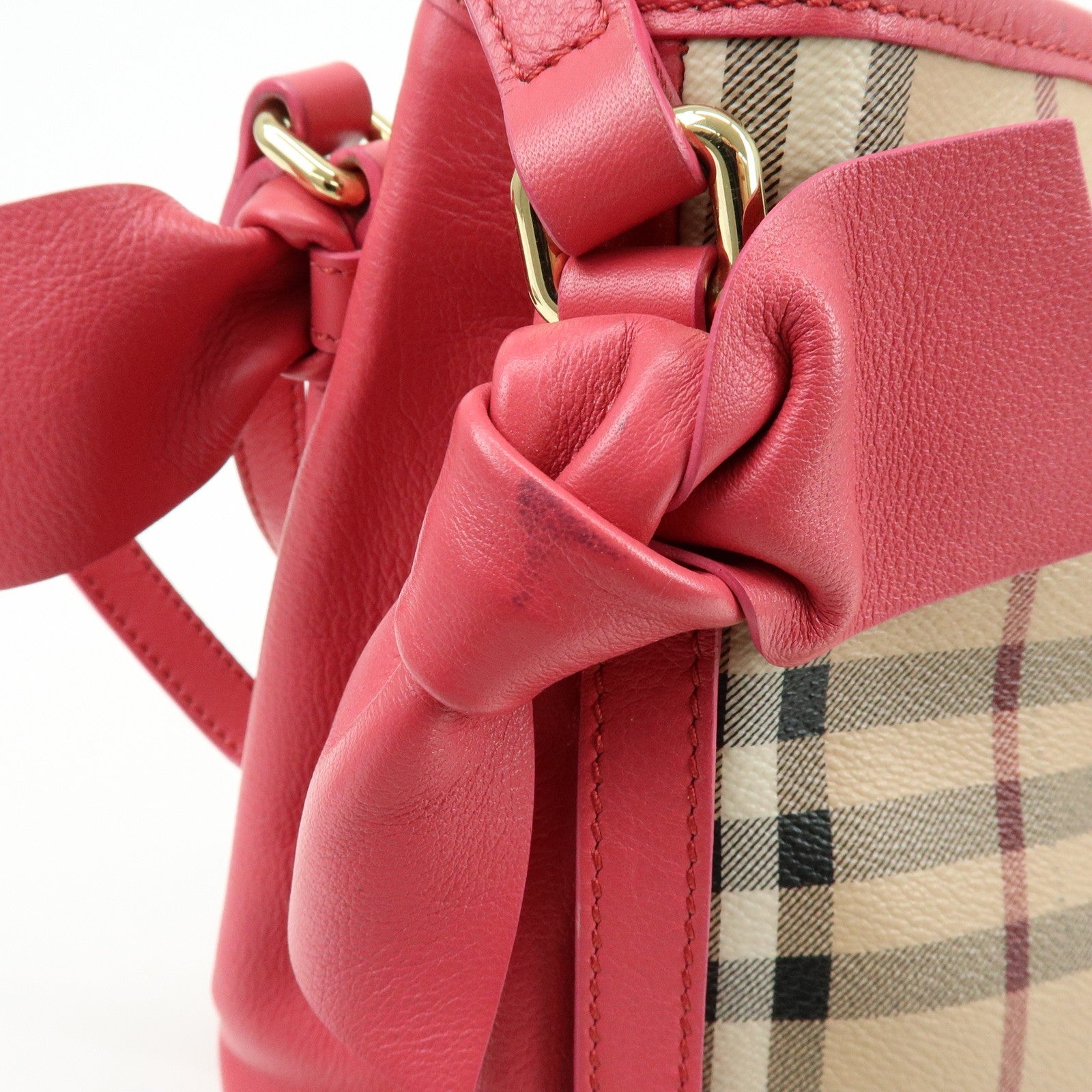 Burberry Side Ribbon Hand Bag - Nova Plaid Brown Pink, PVC Coating Canvas, Leather