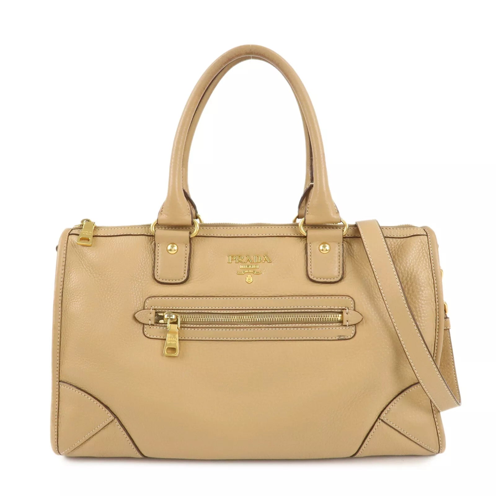 PRADA Logo Leather 2Way Bag - Beige, Leather