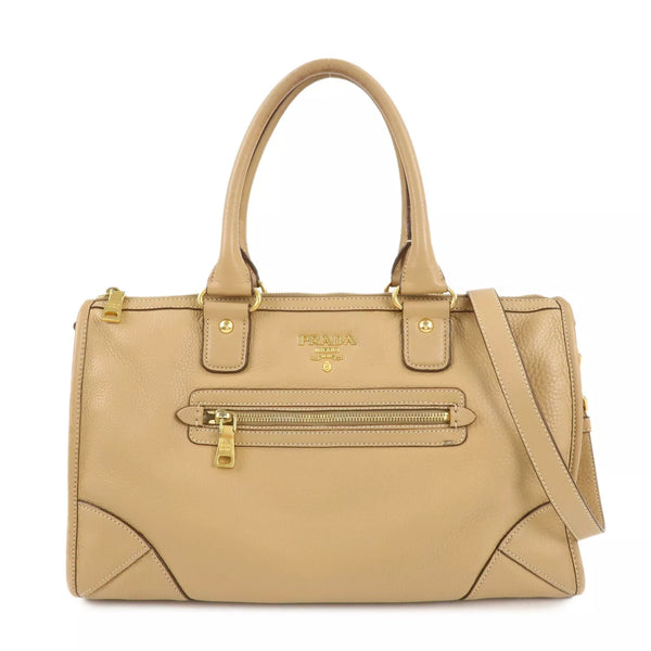 PRADA Logo Leather 2Way Bag - Beige, Leather