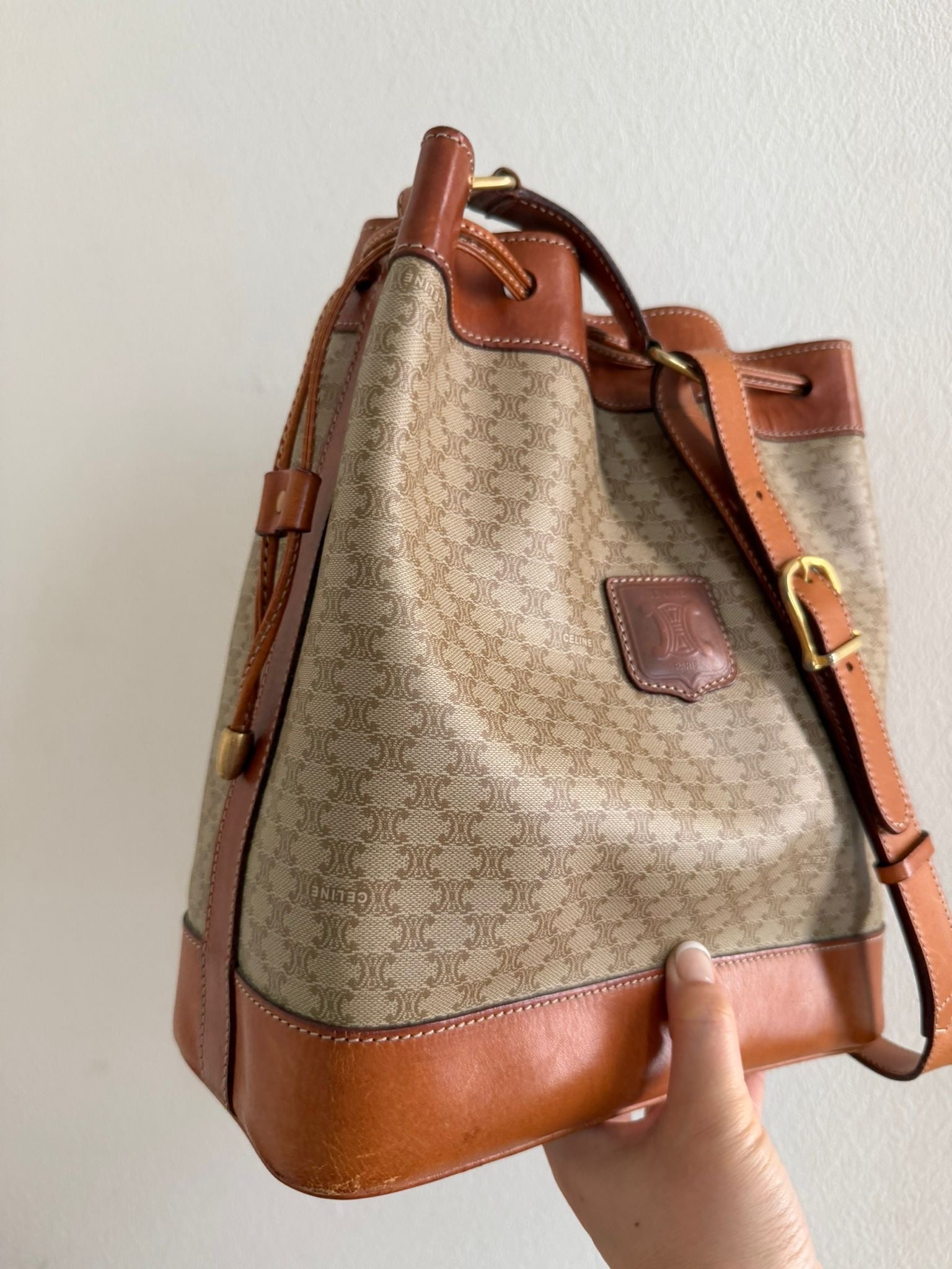 Celine Macadam Drawstring Shoulder Bag - Beige, PVC 