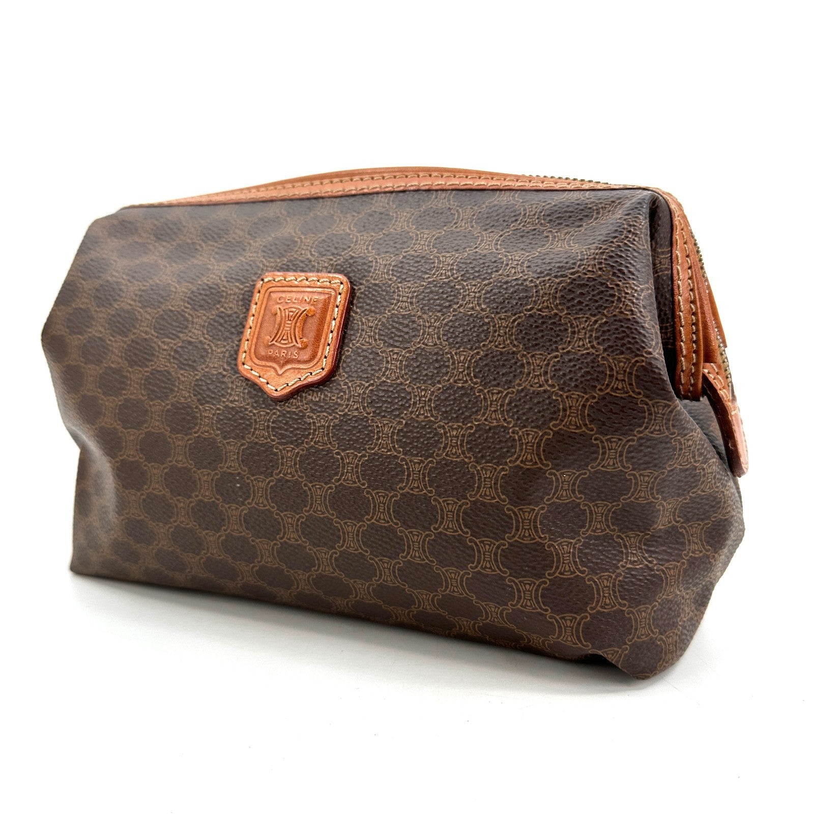 Celine Macadam Makeup Cosmetic Pouch - Brown, PVC Leather