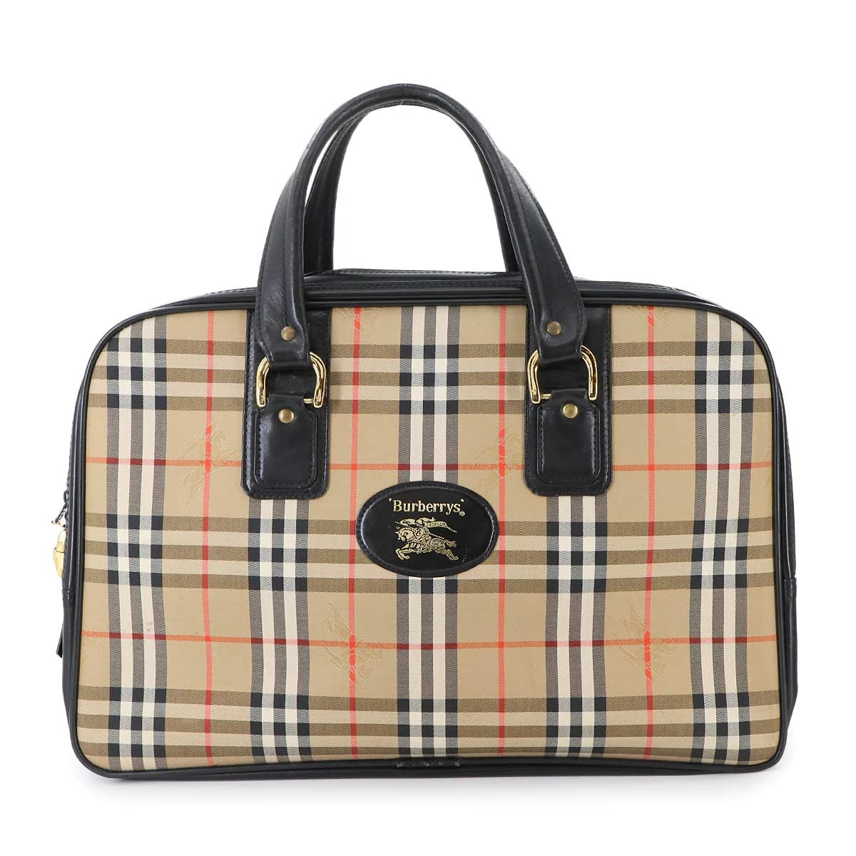 Burberry Plaid Boston Handbag - Beige Black, Canvas Leather