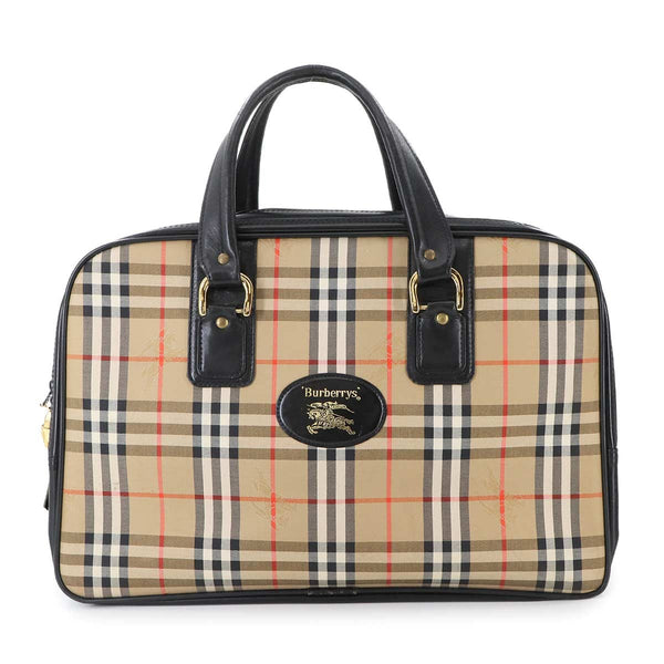 Burberry Plaid Boston Handbag - Beige Black, Canvas Leather 