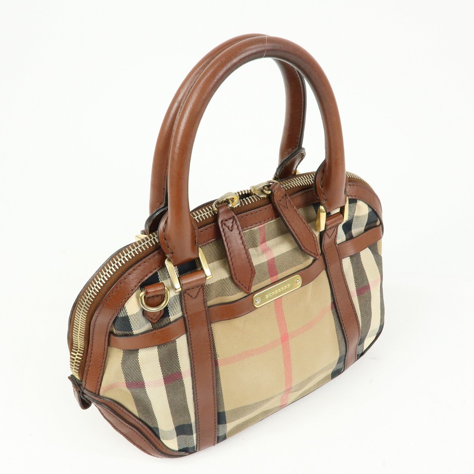 Burberry Nova Plaid Hand Bag - Beige Brown, Canvas Leather