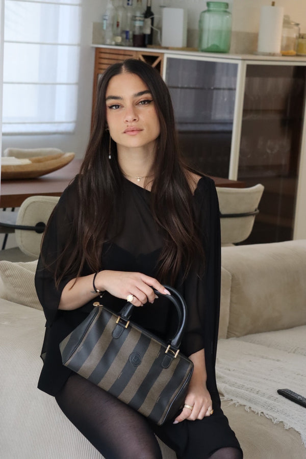 Fendi Pequin Boston Hand Bag - Black, Brown, PVC, Leather