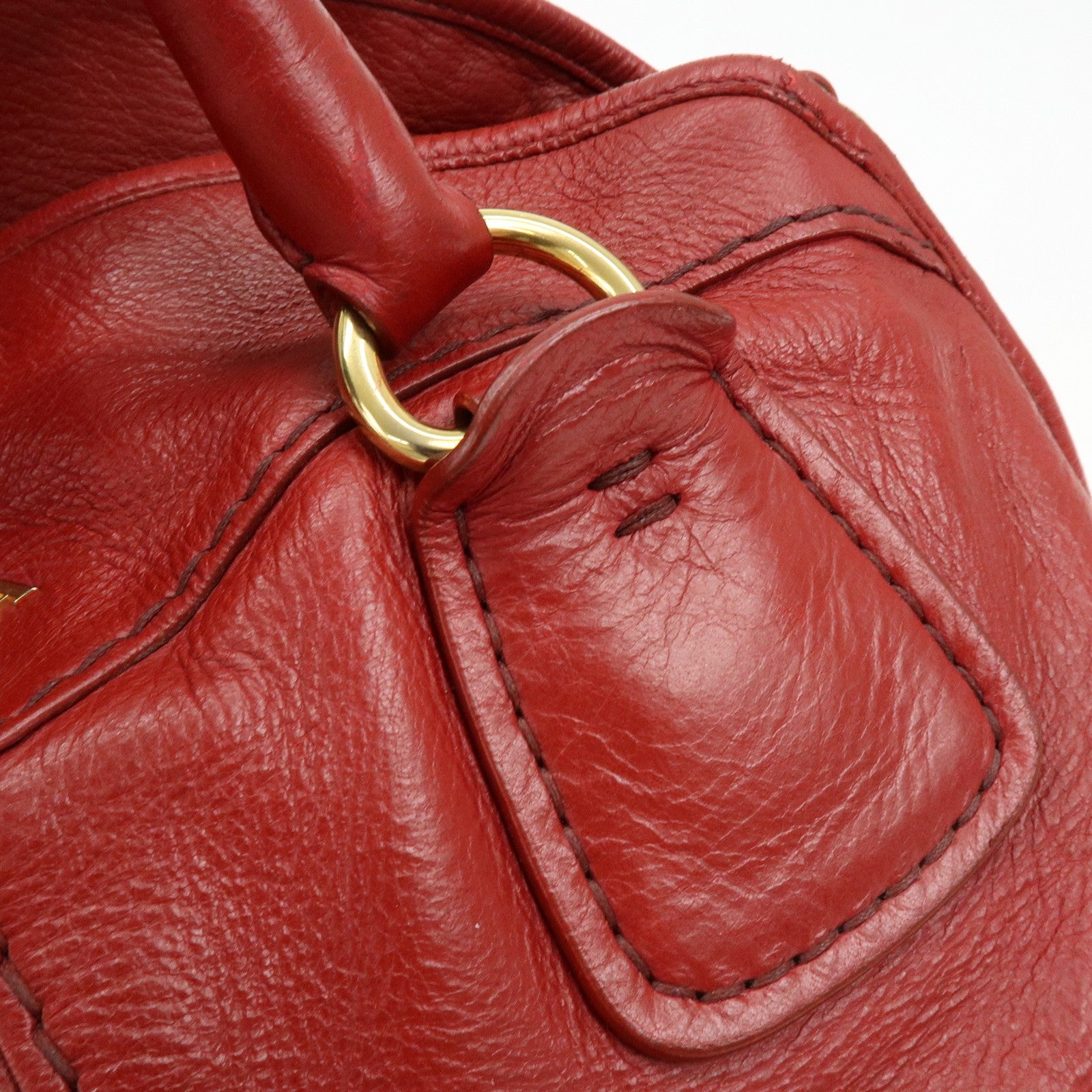 Prada Cervo Shine Leather Bowler Bag 2Way Tote Bag - Red, Leather