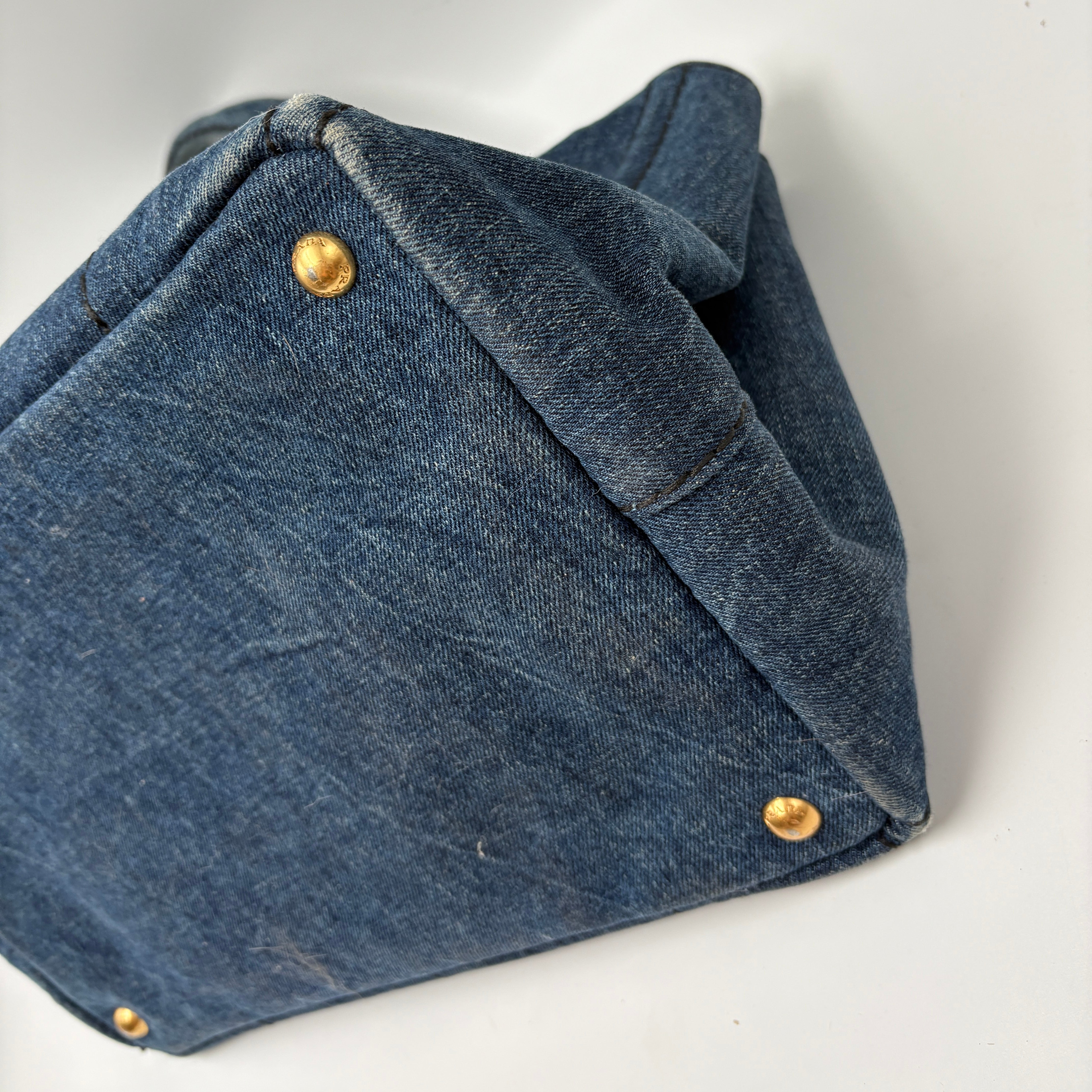 PRADA CANAPA LARGE CANVAS TOTE BAG HAND BAG DENIM BLUE