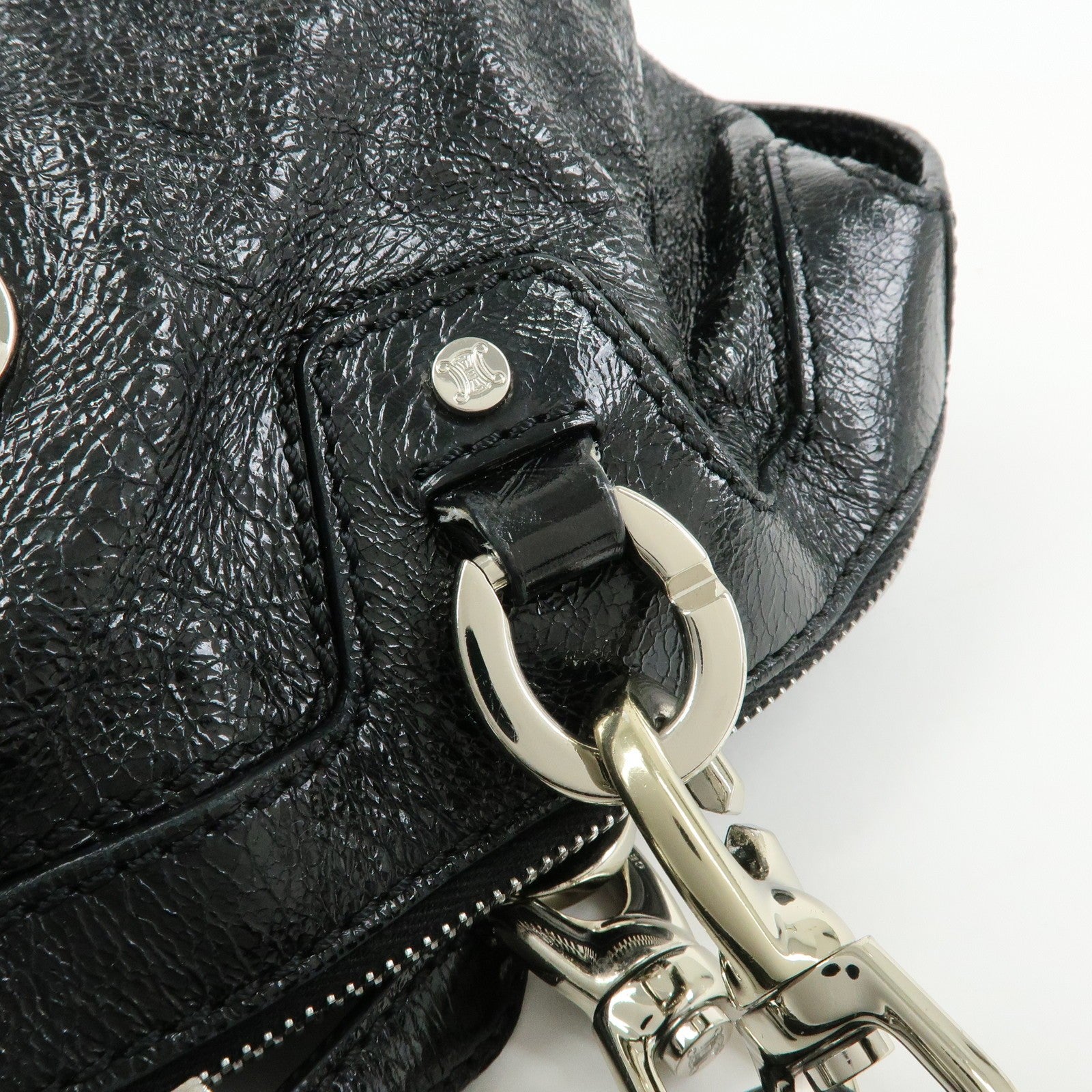 Celine Macadam Stamped Boston Hand Bag - Black, Patent Leather