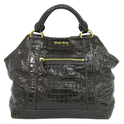 Miu Miu Crocodile-Embossed Tote Handbag - Brown, Patent Leather