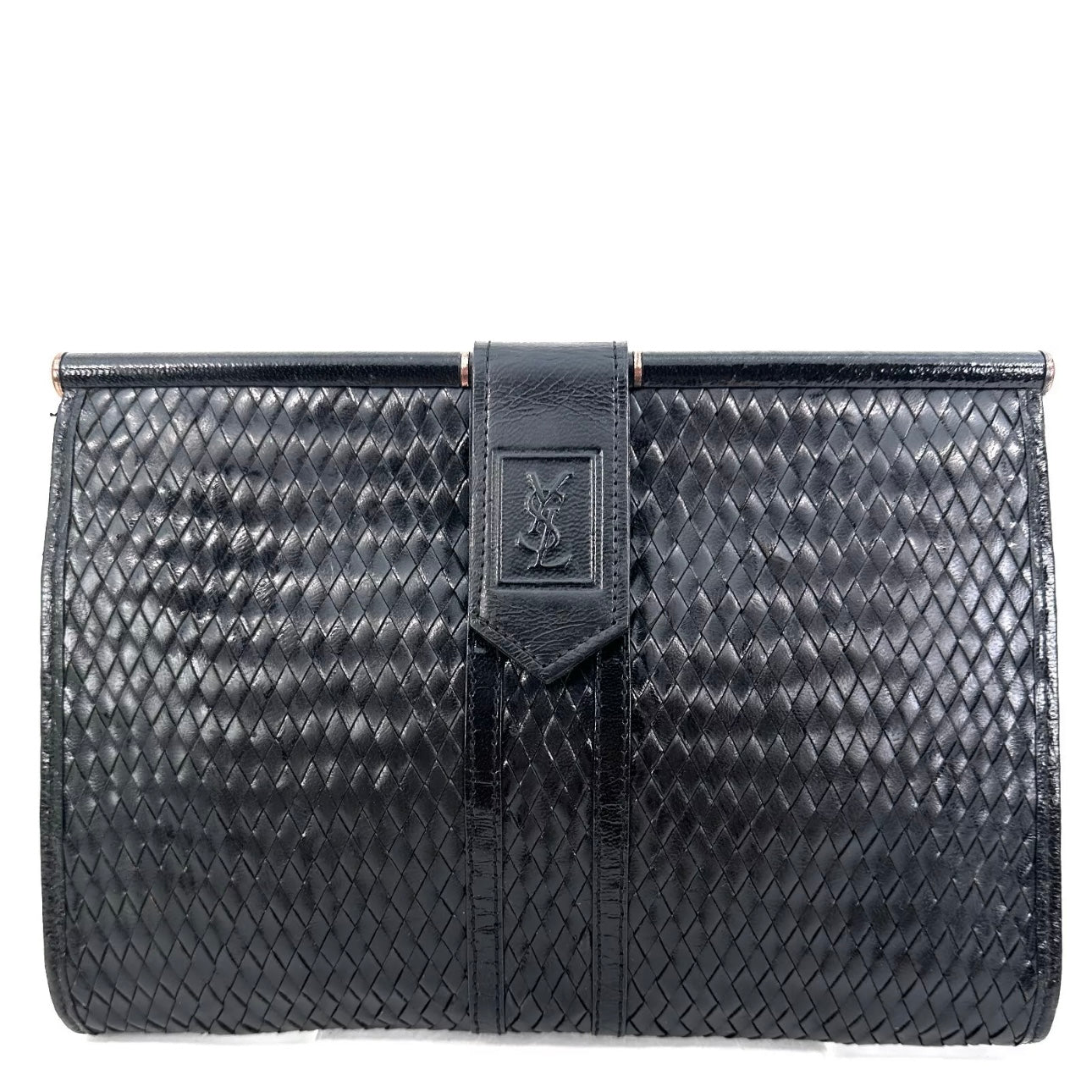 YVES SAINT LAURENT Vintage Clutch Hand Bag Leather Black