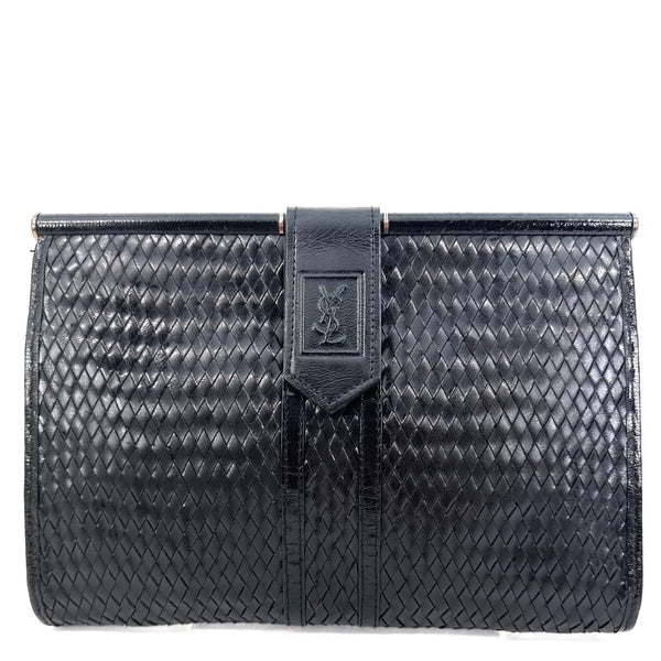 YVES SAINT LAURENT Vintage Clutch Hand Bag Leather Black