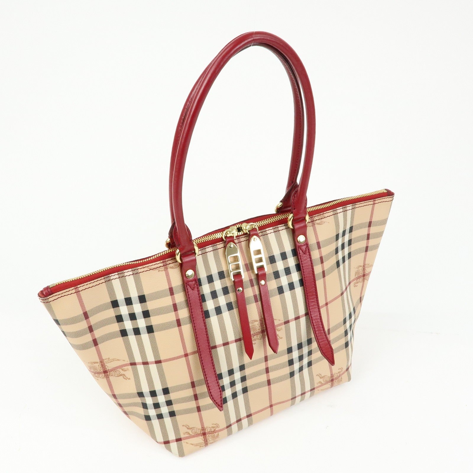 Burberry Nova Plaid Tote Bag - Beige, Red, PVC Leather 