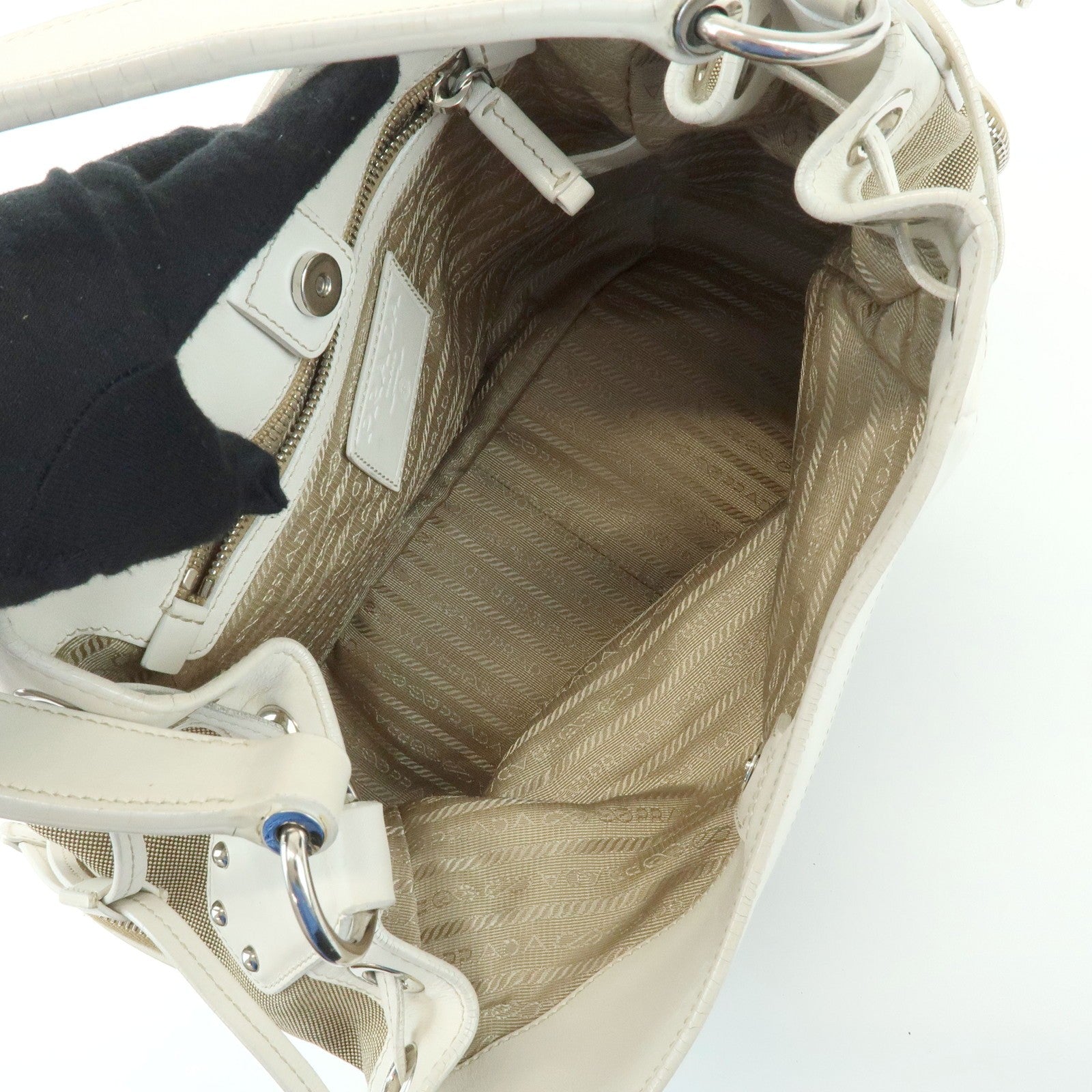 Prada Triangle Logo Shoulder Bag - Beige Ivory, Nylon Jacquard Leather