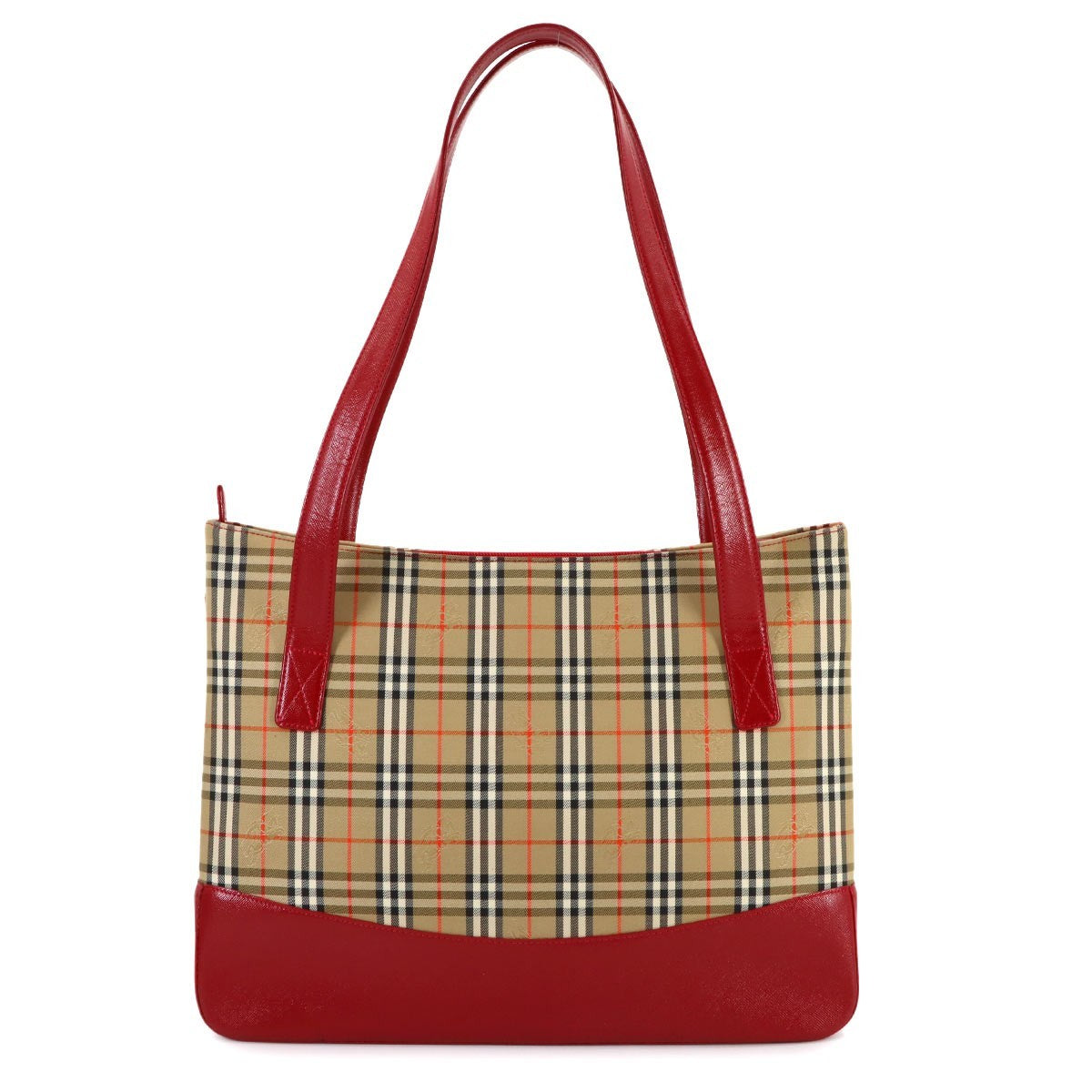 Burberry Plaid Tote Bag - Brown, Red, Canvas, Leather