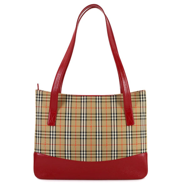 Burberry Plaid Tote Bag - Brown, Red, Canvas, Leather