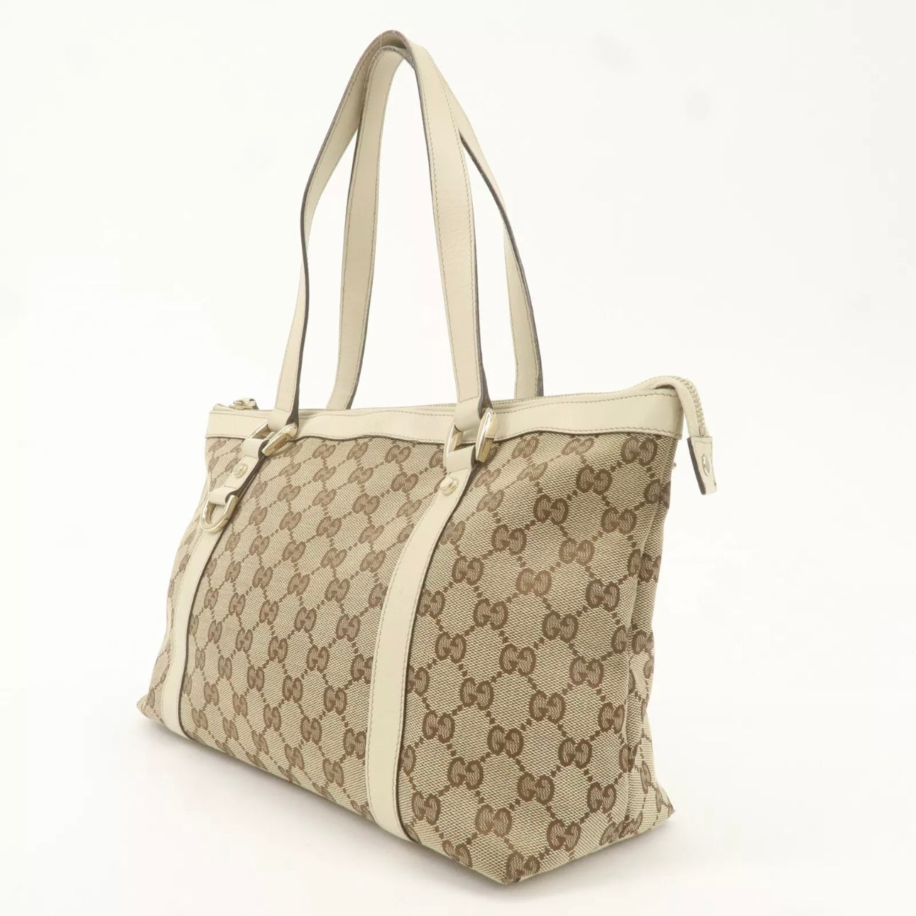 Gucci Abbey GG Canvas Leather Tote Bag Beige Ivory