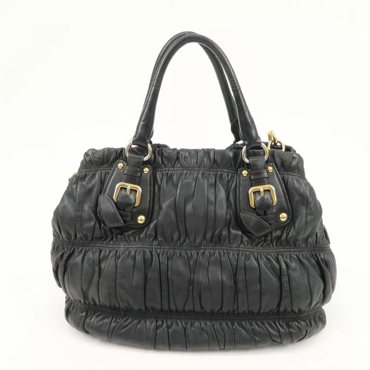 PRADA Leather Gathered 2Way Shoulder Bag Black