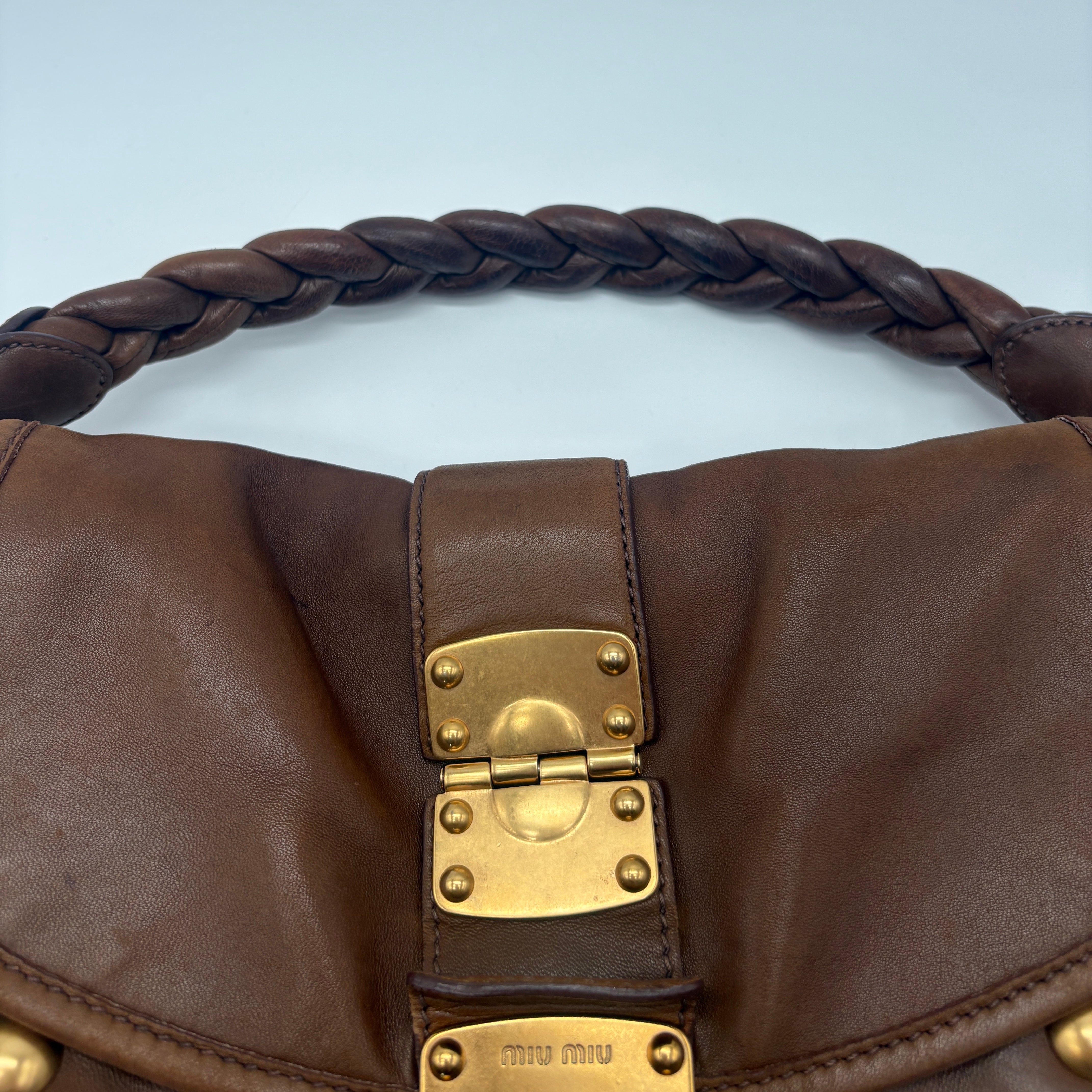 Miu Miu GHW 2 Way Shoulder Bag Leather Brown