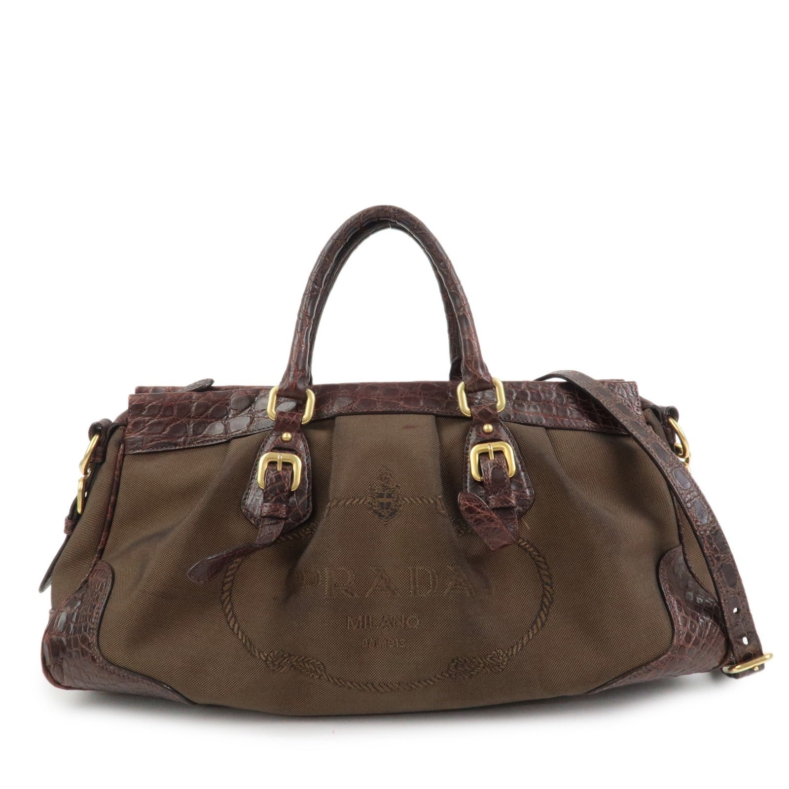 Prada 2Way Shoulder Bag - Brown, Canvas and Embossed Leather