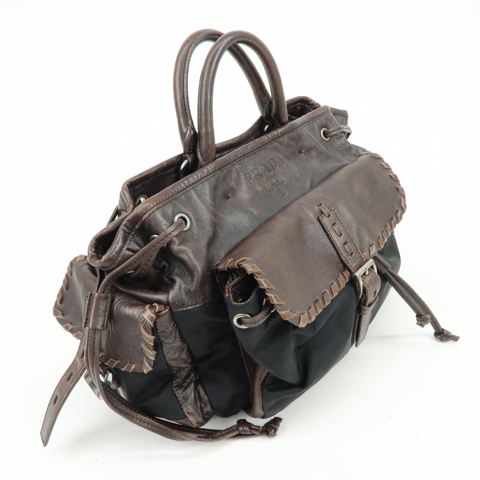 Prada Hand Bag Tote Bag - Brown, Black, Leather, Nylon