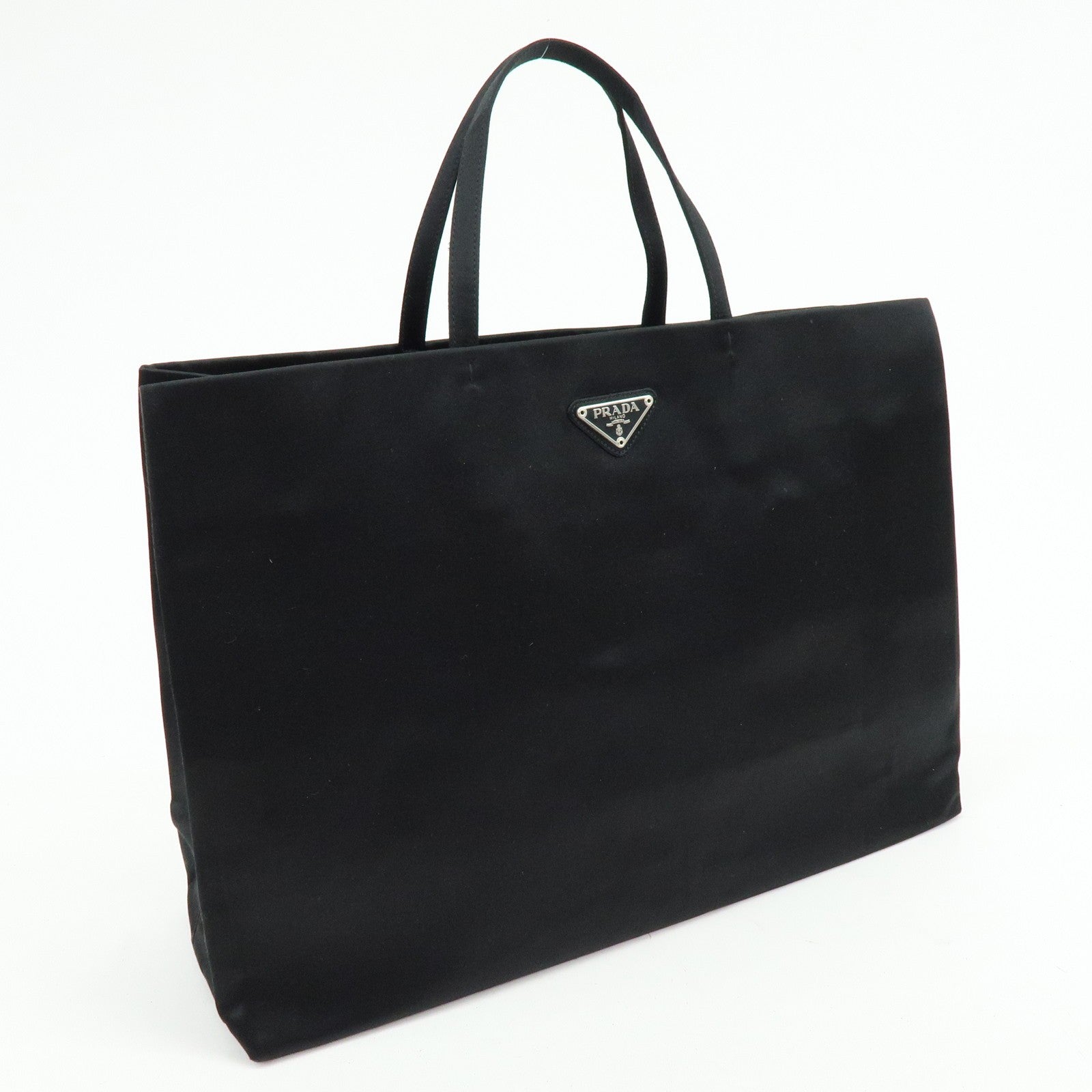 Prada Triangle Logo Tote Hand Bag - Black, Satin