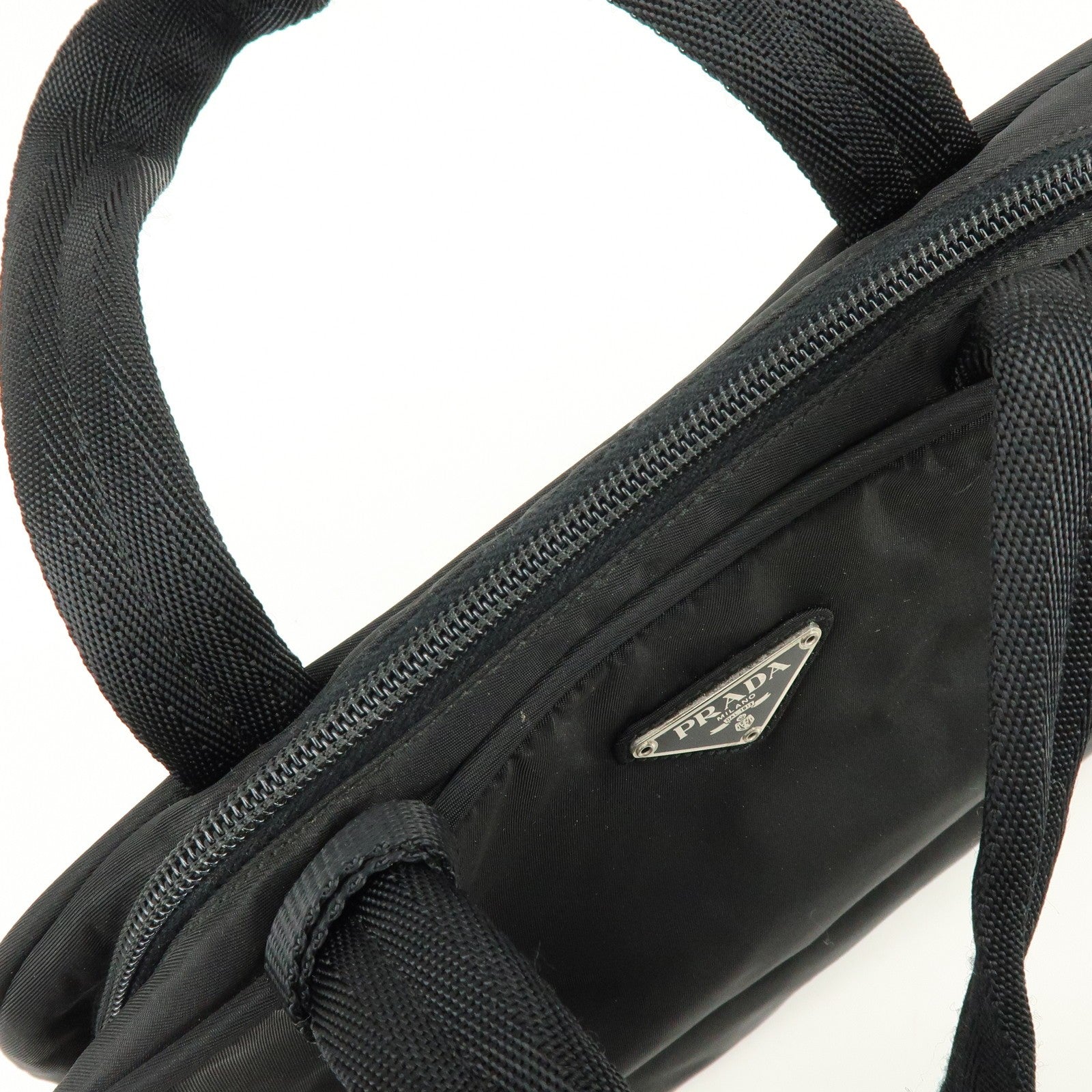 Prada Triangle Logo Hand Bag - Black, Nylon and Leather