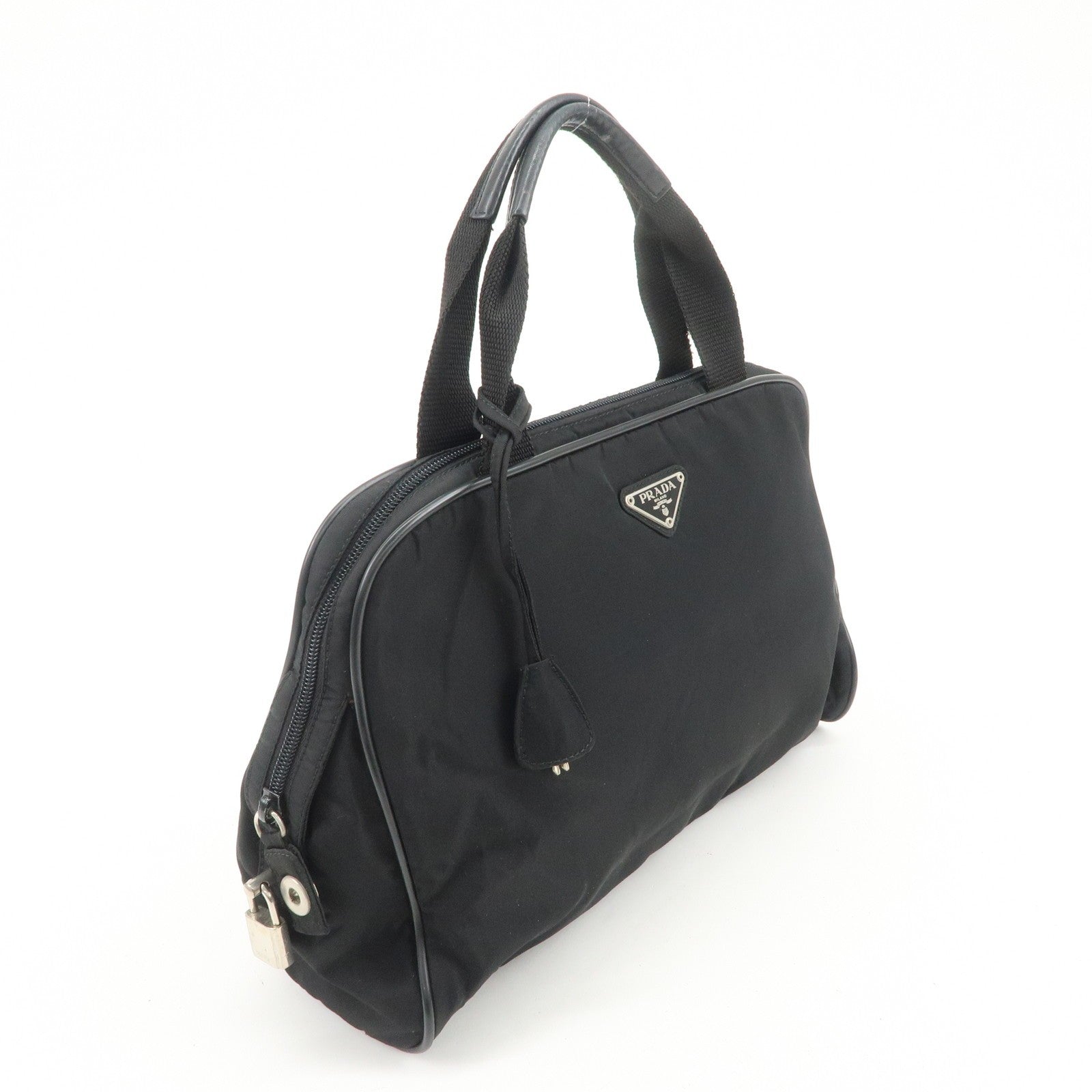 Prada Triangle Logo Hand Bag - Black, Nylon and Leather