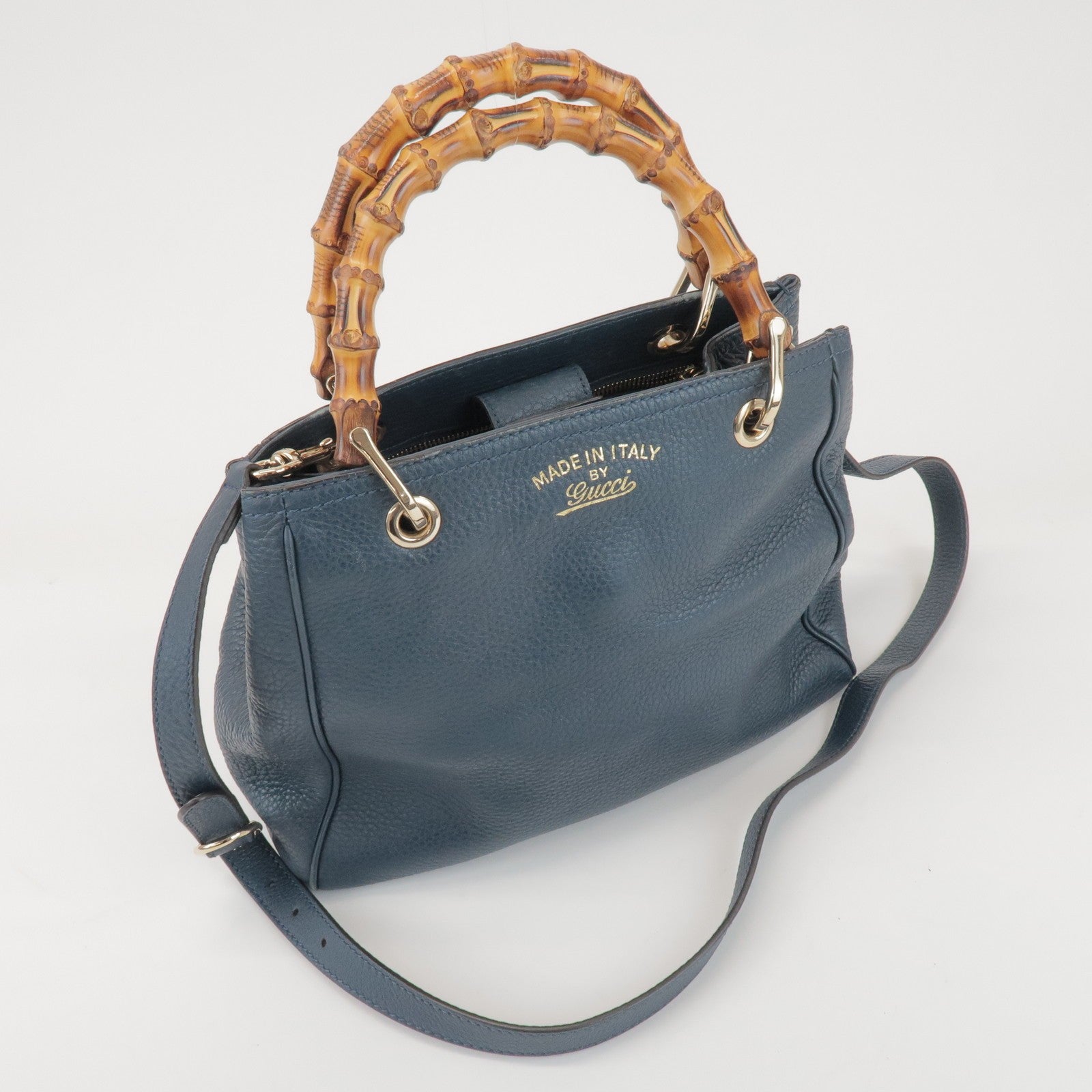 GUCCI Bamboo Calf Leather 2 Way Bag Tote Bag Navy