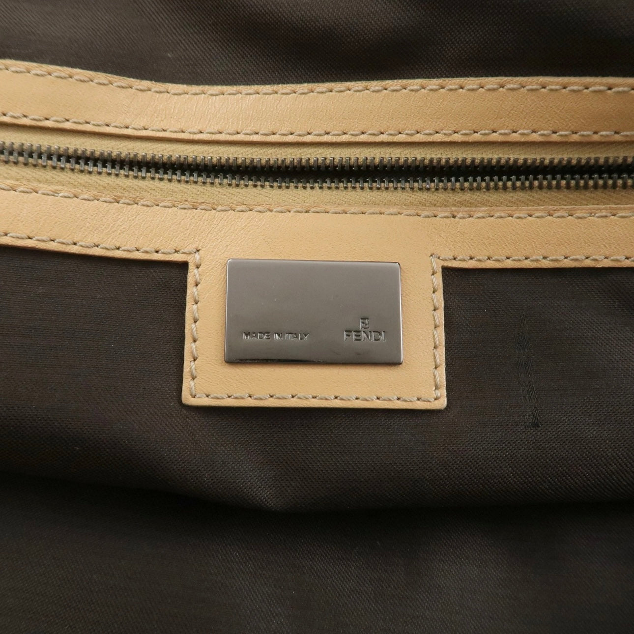 FENDI Zucchino Canvas Leather Shoulder Bag Beige