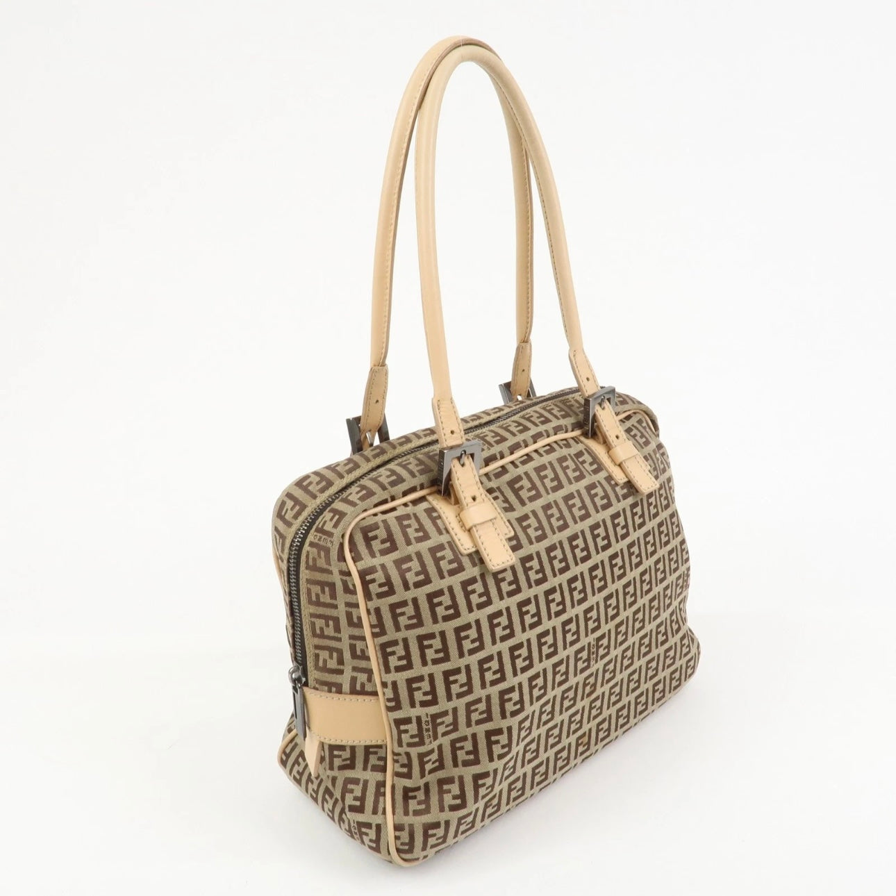 FENDI Zucchino Canvas Leather Shoulder Bag Beige