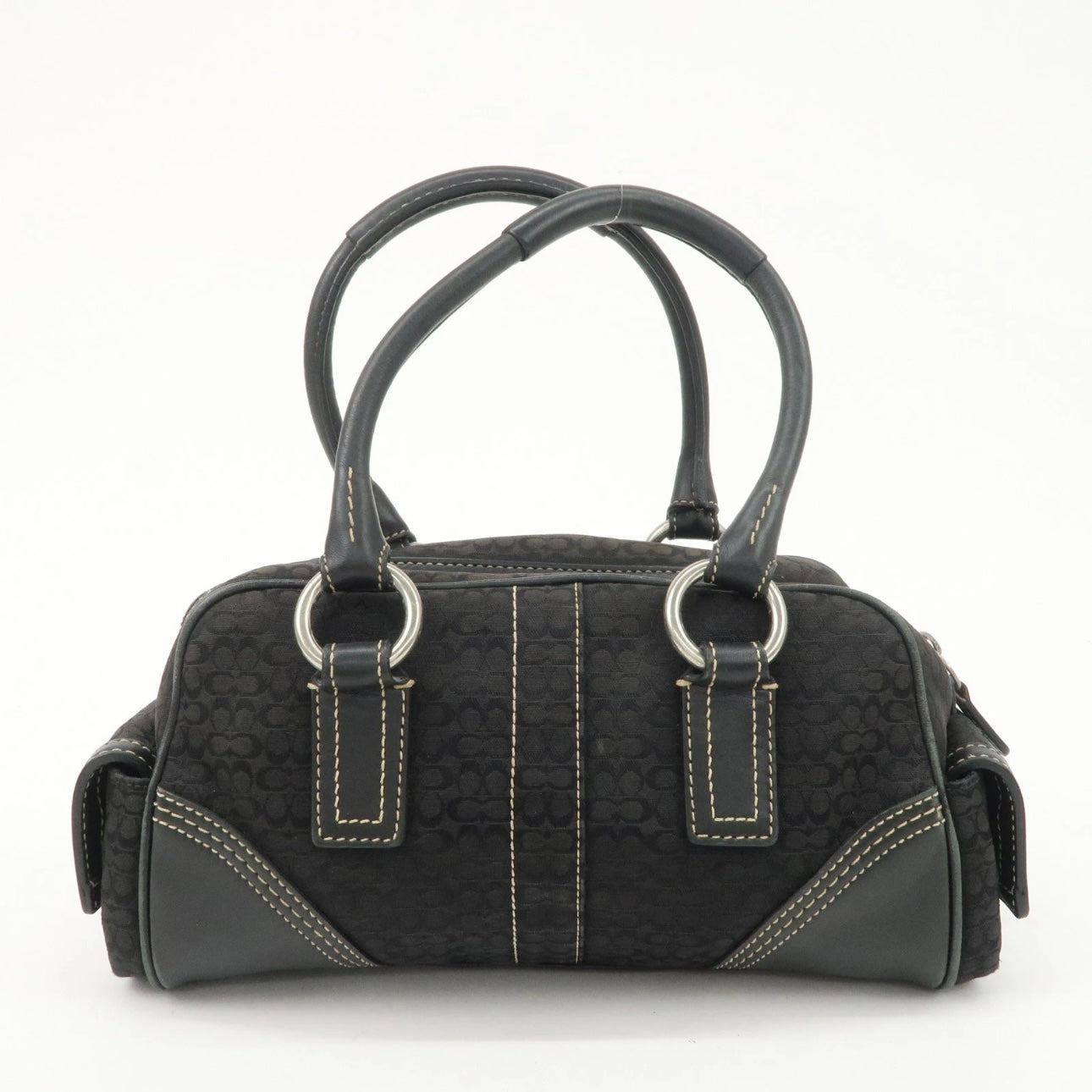COACH Leather Canvas Hand Bag Brown Silver