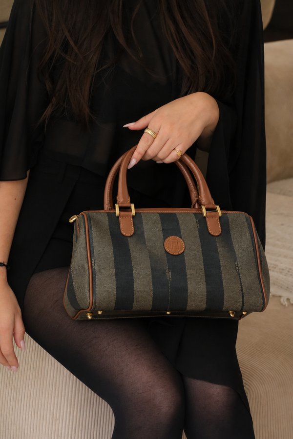 Fendi Pequin Boston Bag - Brown Beige Black, PVC Leather