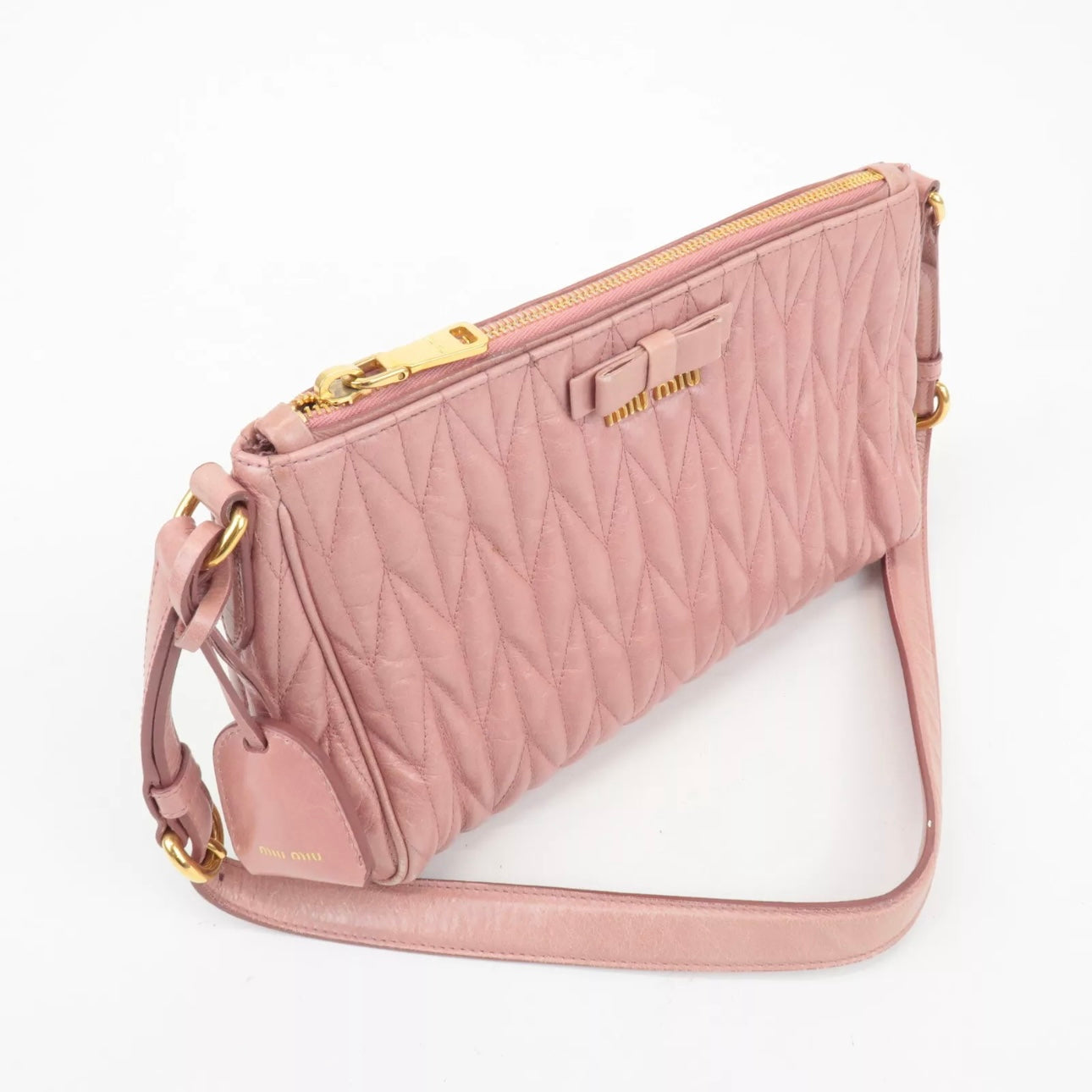 Leather Ribbon Gathered Shoulder Bag Pink