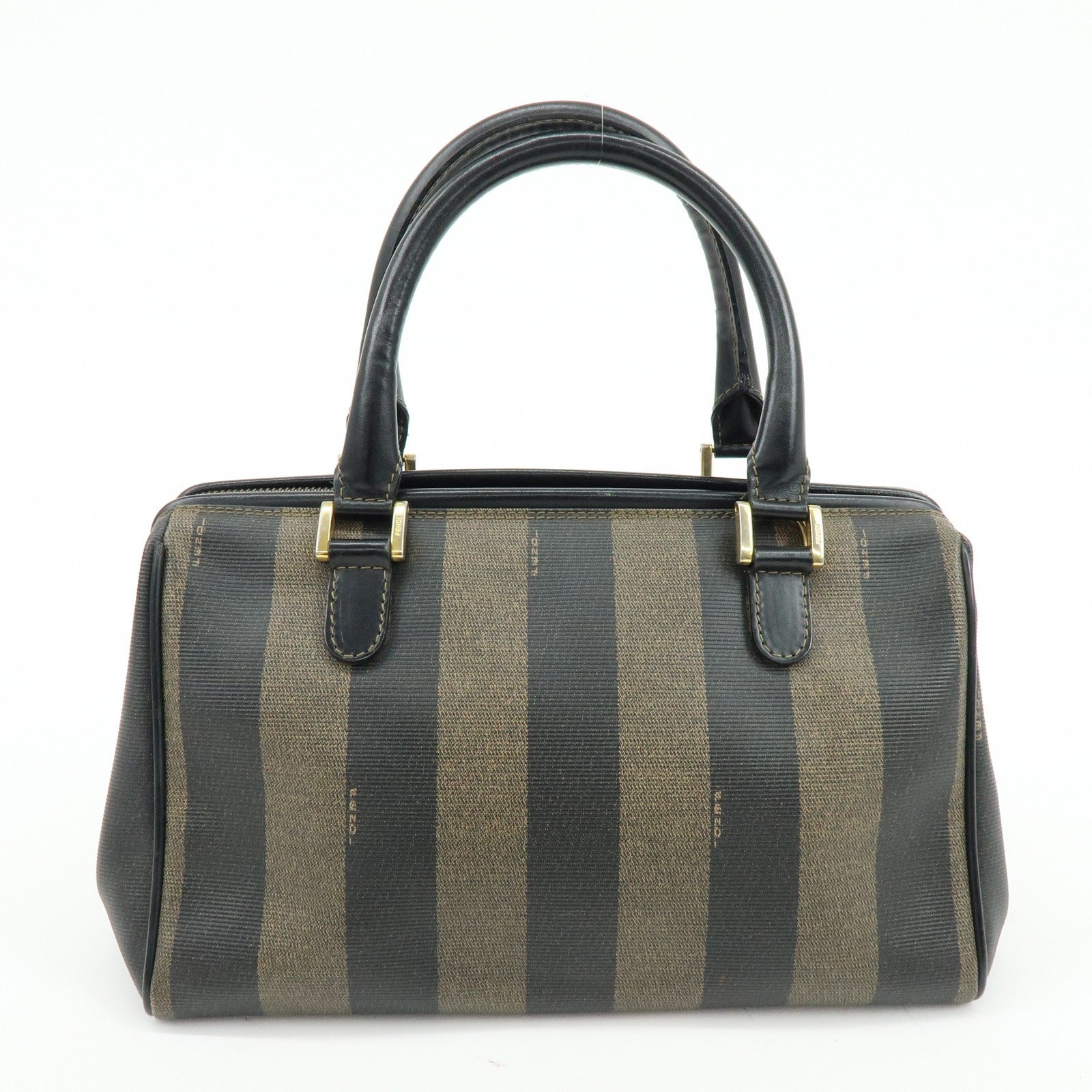 Fendi Pequin Boston Hand Bag - Black, Brown, PVC, Leather