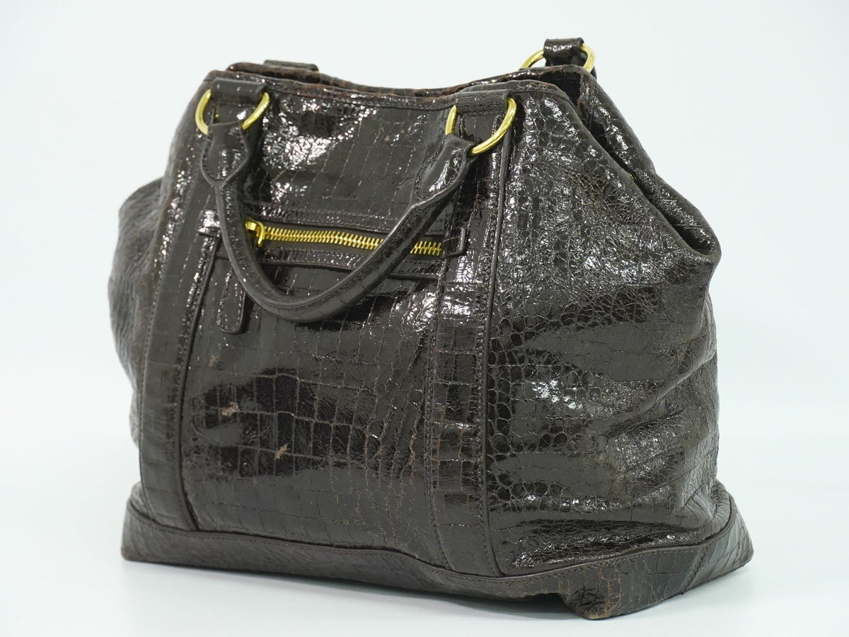 Miu Miu Crocodile-Embossed Tote Handbag - Brown, Patent Leather