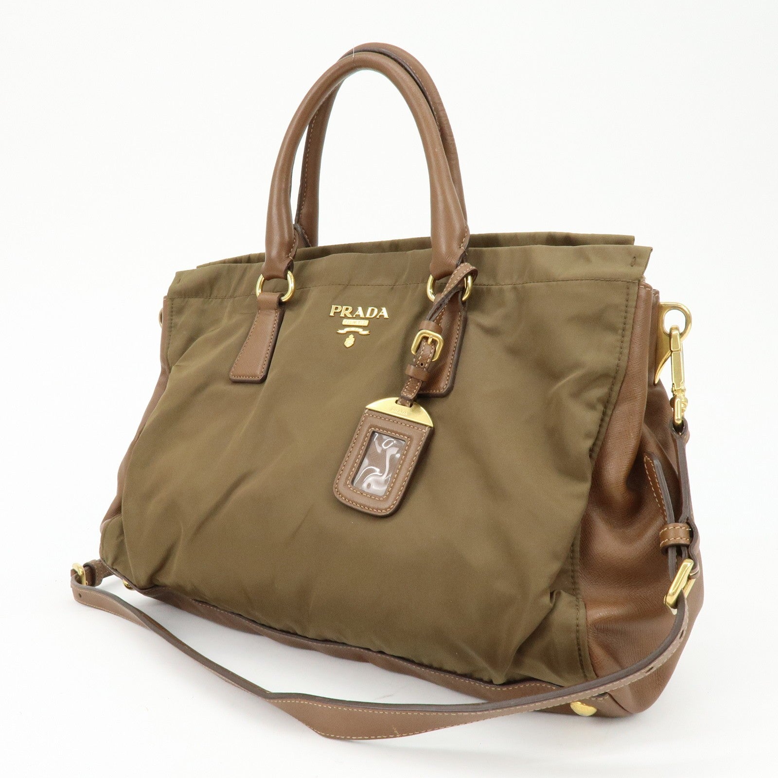 Prada Triangle Logo 2Way Bag - Khaki Brown, Nylon Saffiano Leather